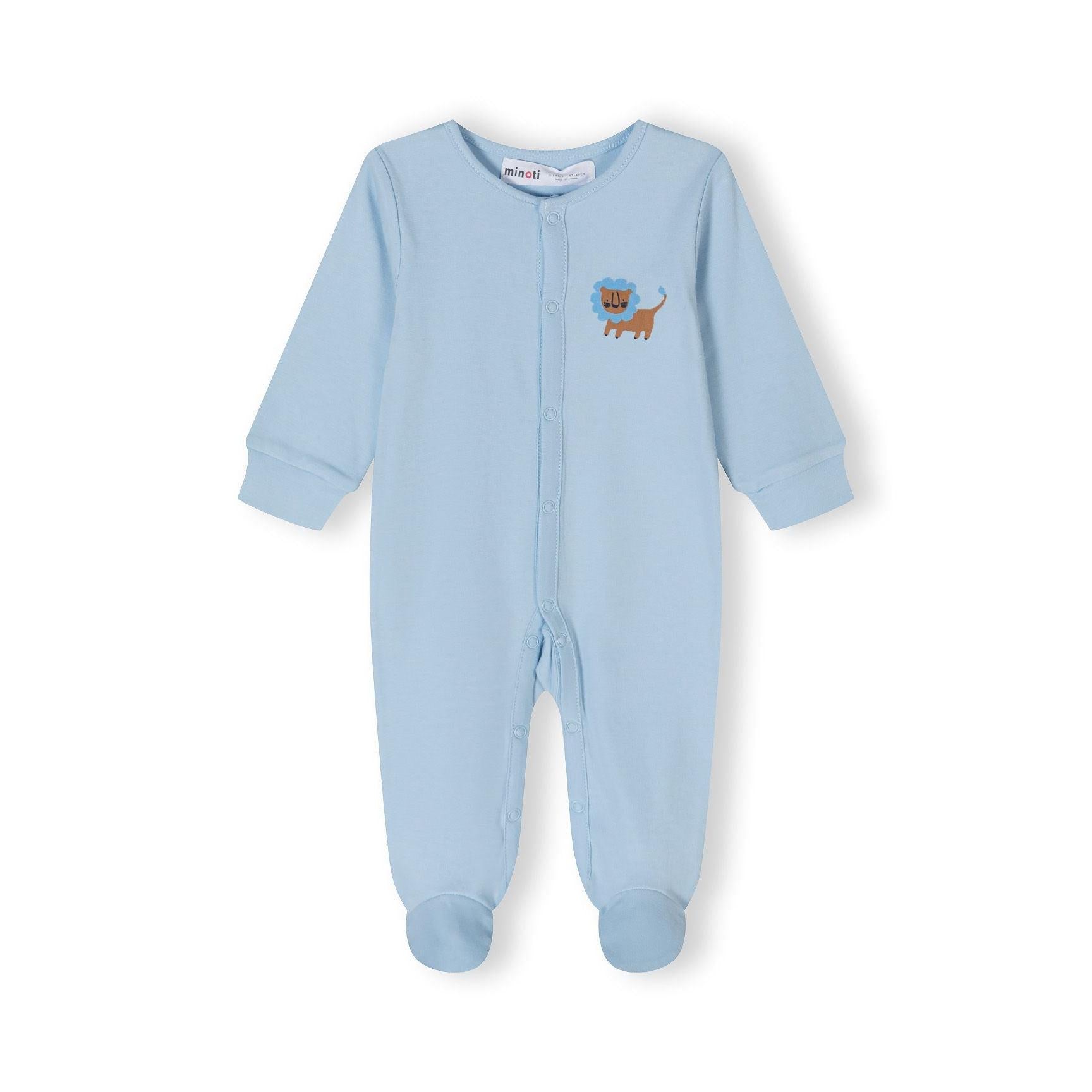 Close-up detail of light blue sleepsuit showing snap button closure and embroidered lion with blue mane design