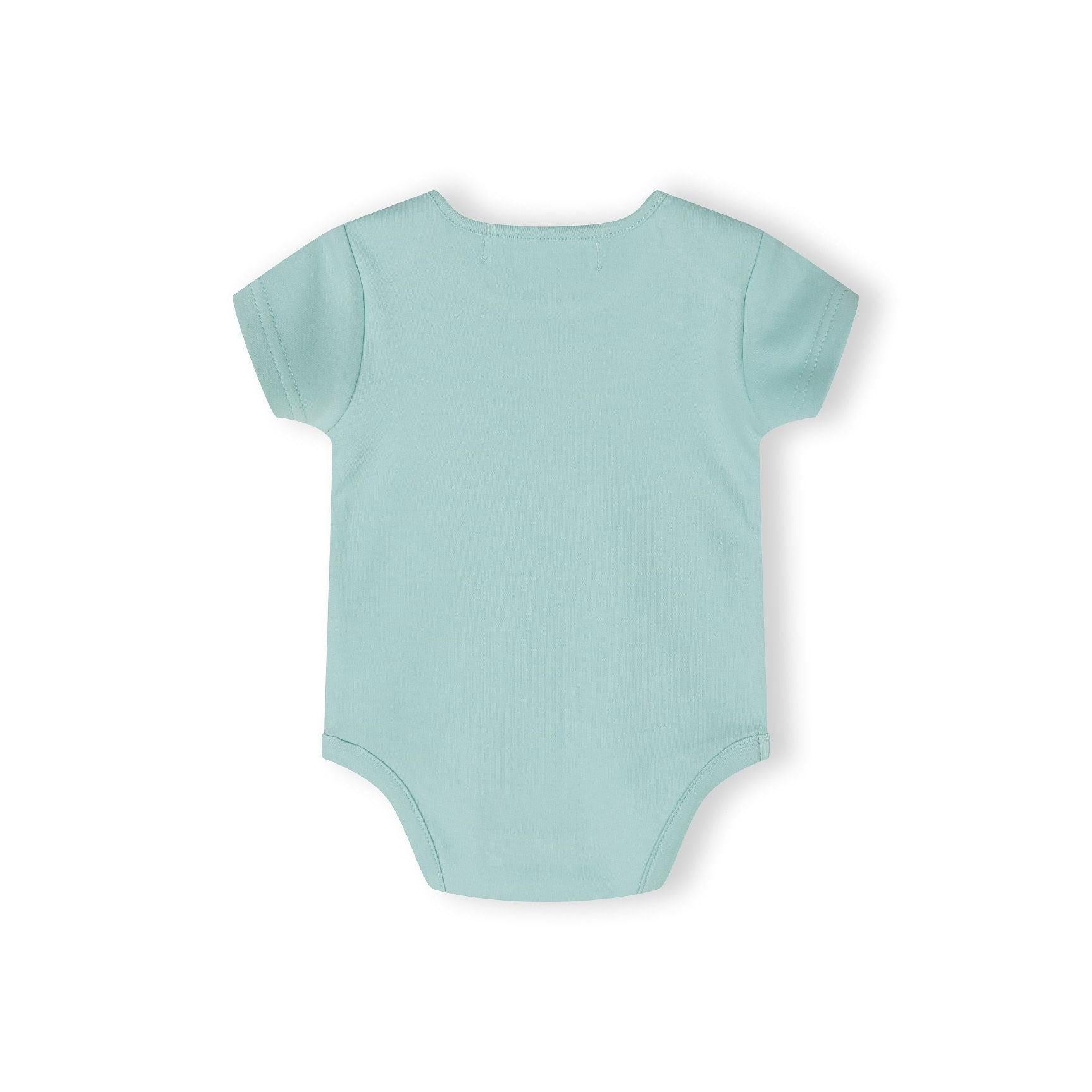 Back view of plain mint green short sleeve bodysuit showing clean design and snap closure at bottom against white background