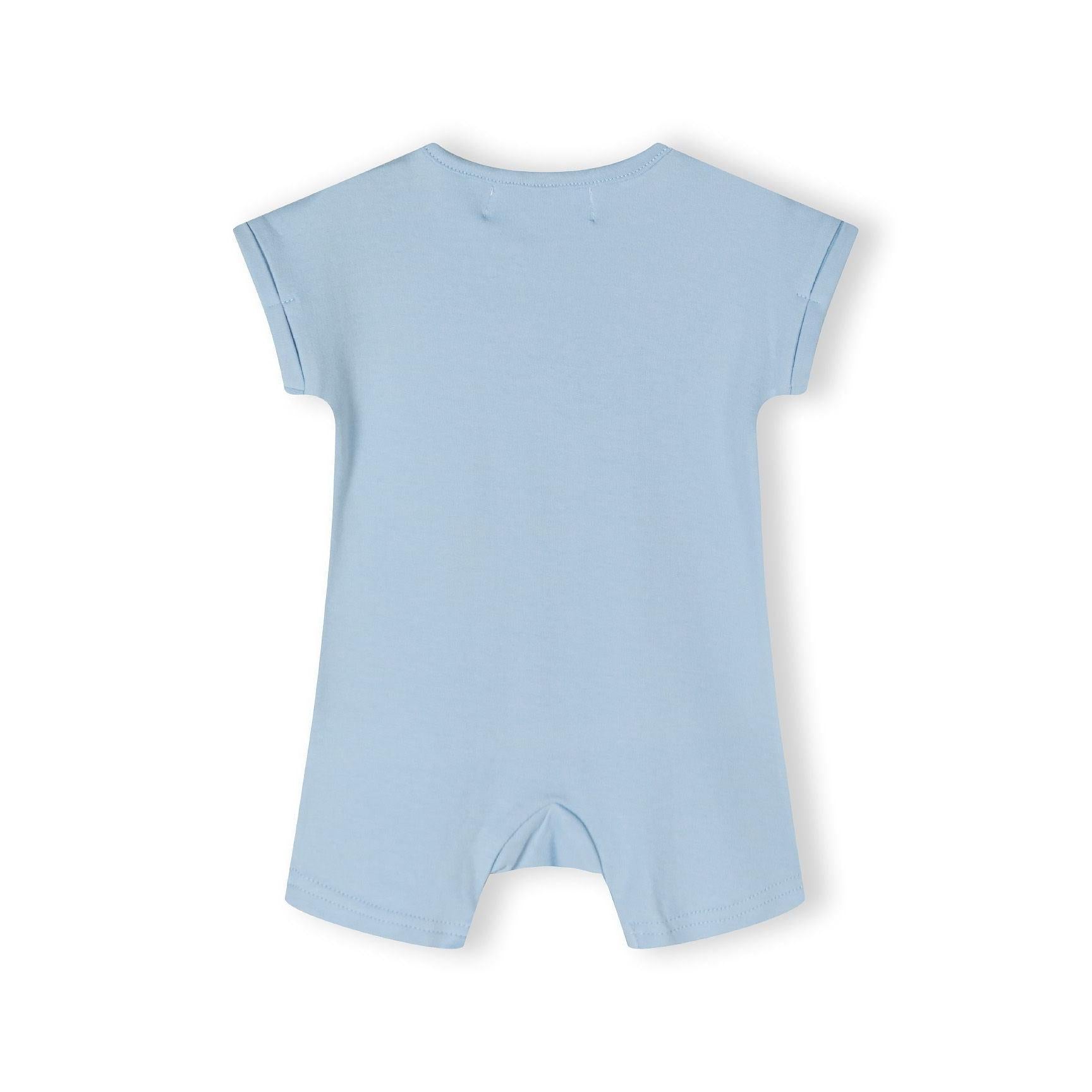 Back view of light blue romper showing plain design with rolled sleeve cuffs on white background
