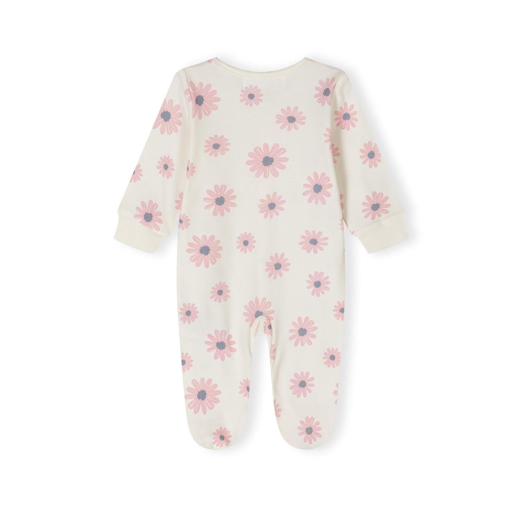 Back view of cream sleepsuit with pink daisy pattern showing full coverage design and long sleeves on white background