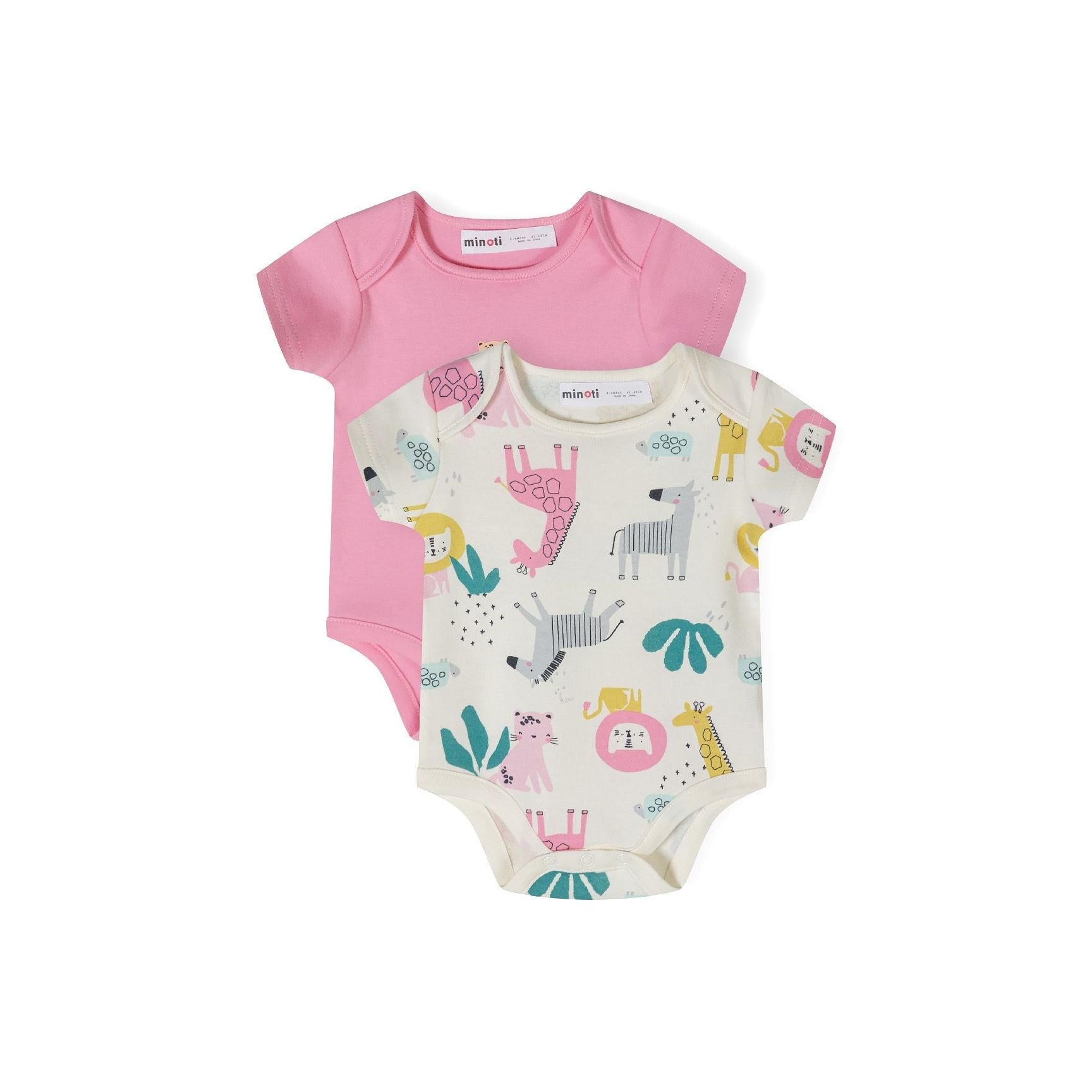 Two baby bodysuits displayed flat - one pink with leopard print, one cream with safari animal print pattern on white background
