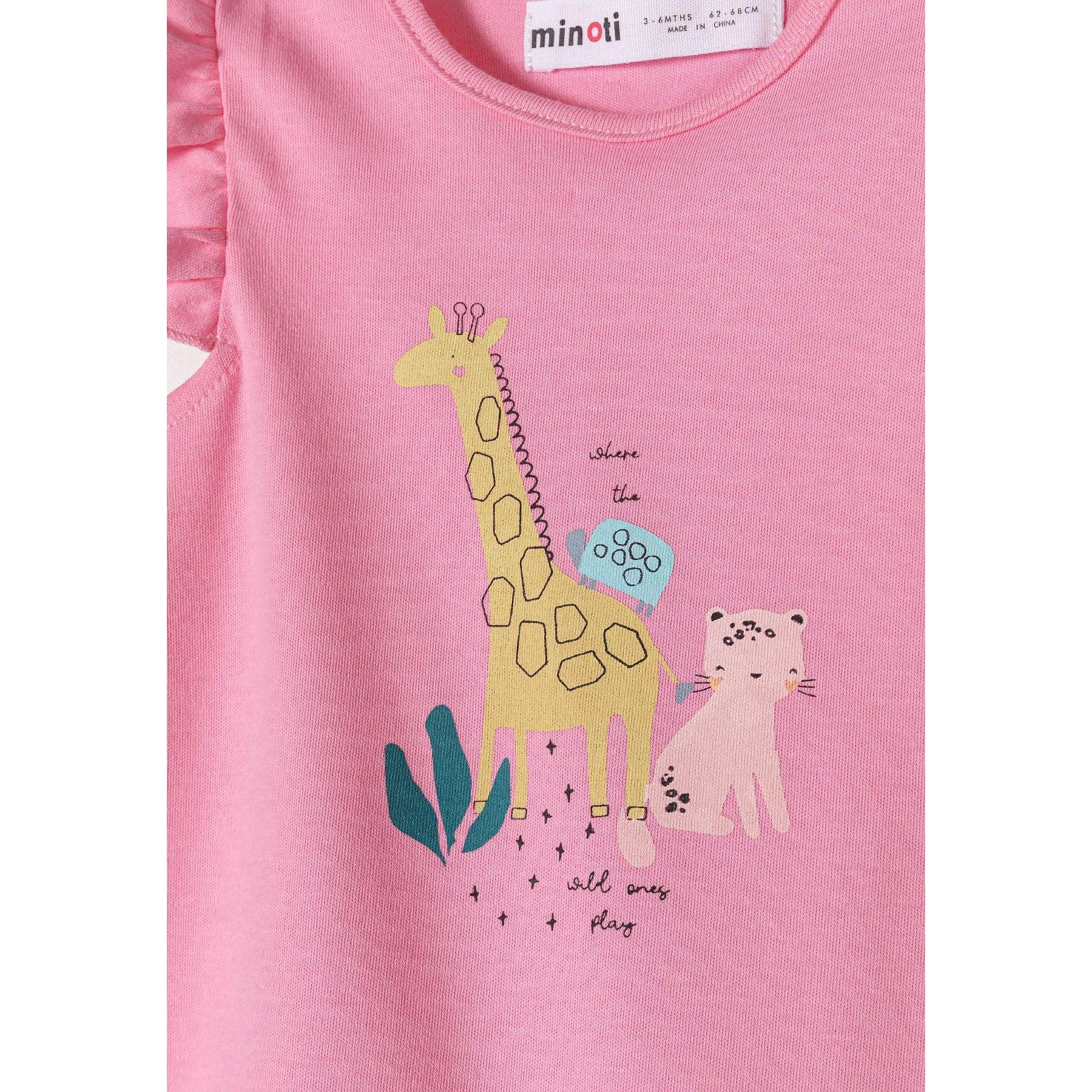 Close-up detail of cream safari print romper showing colorful giraffes, lions, elephants and decorative elements on white background