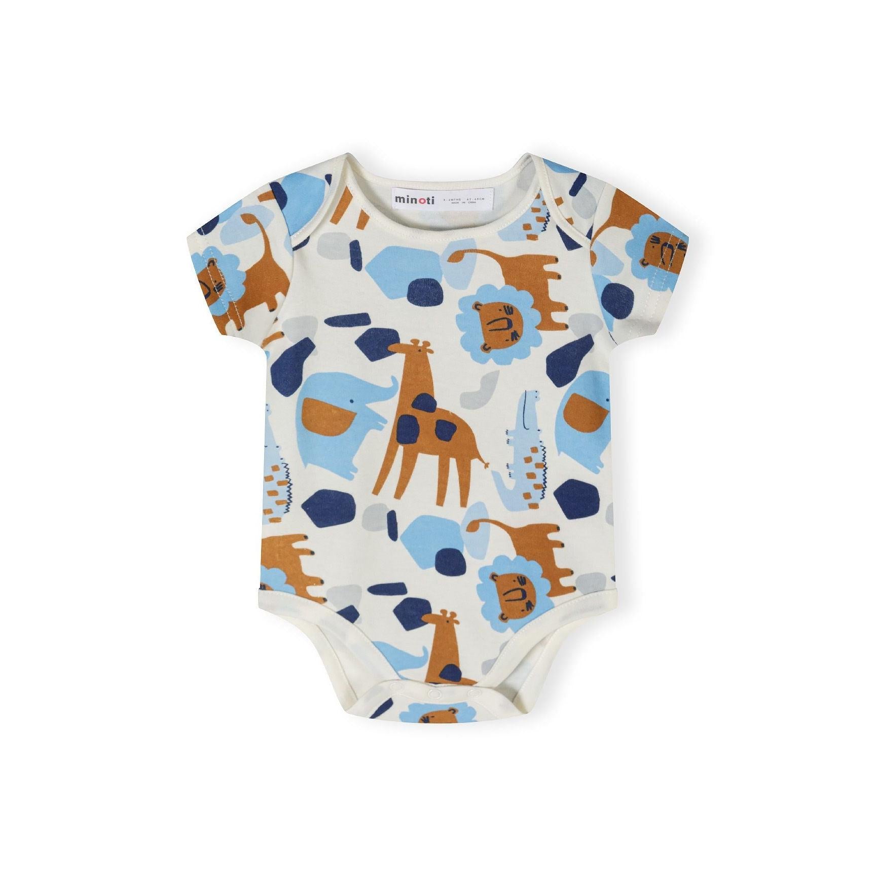 Single bodysuit in cream base with colourful animal pattern featuring dogs, shapes and abstract designs in blue, orange and navy colours laid flat against white background