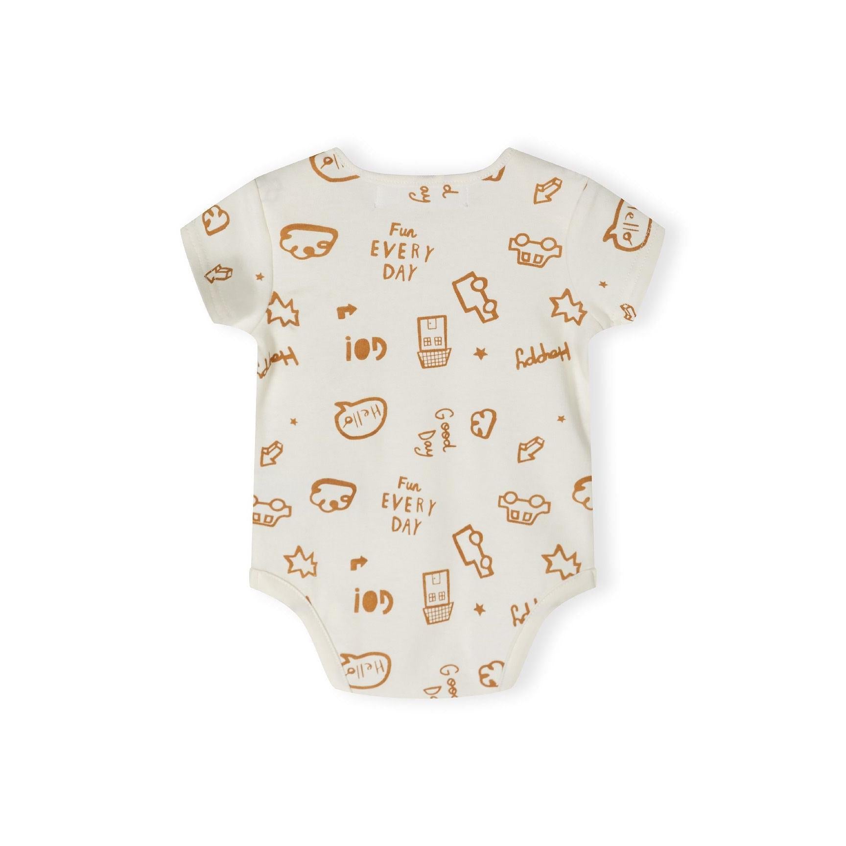 Cream coloured bodysuit with orange outline pattern featuring text 'Fun EVERY DAY' and various playful icons including faces, stars and shapes laid flat on white background