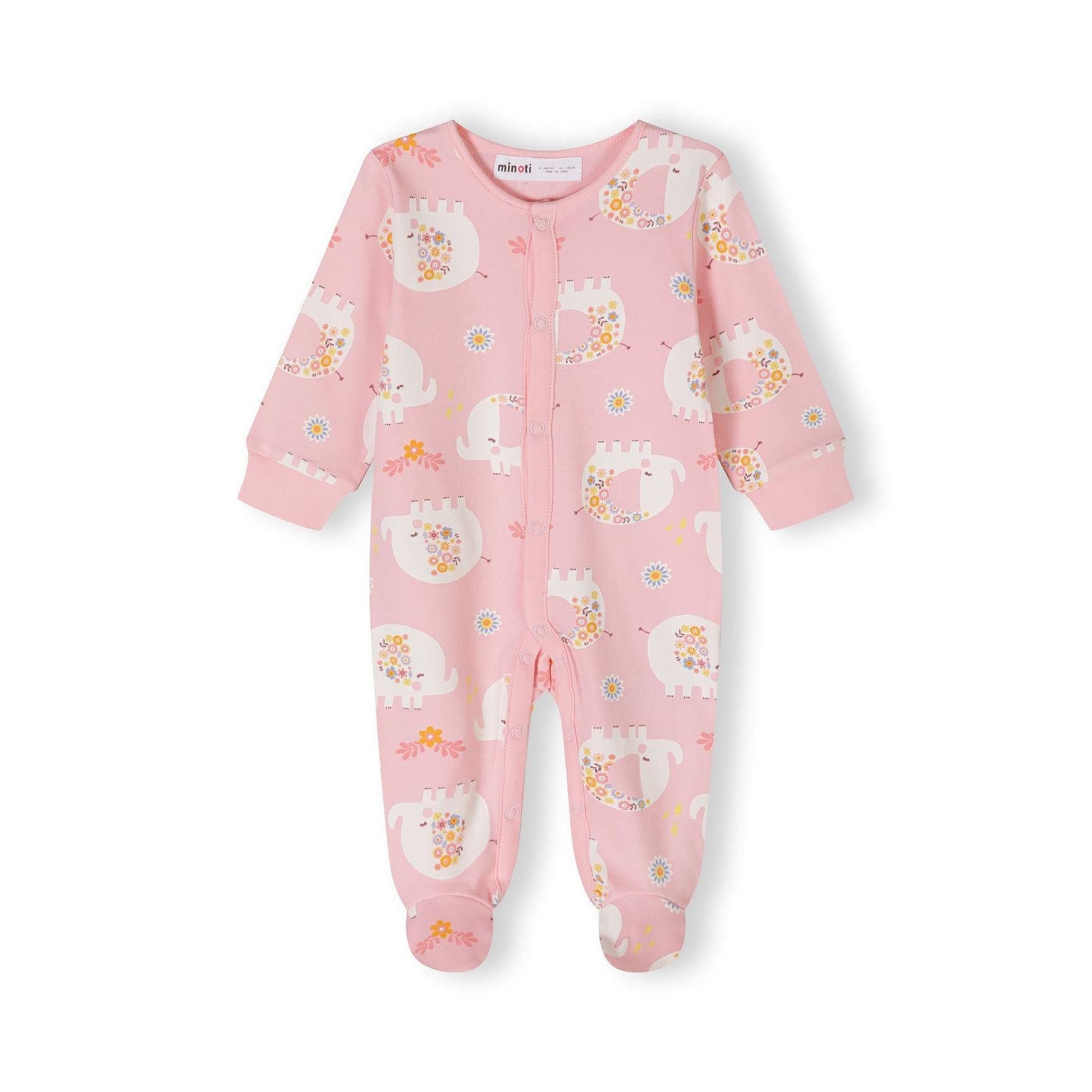 Pink elephant print sleepsuit laid flat showing full body design with integrated feet and poppers
