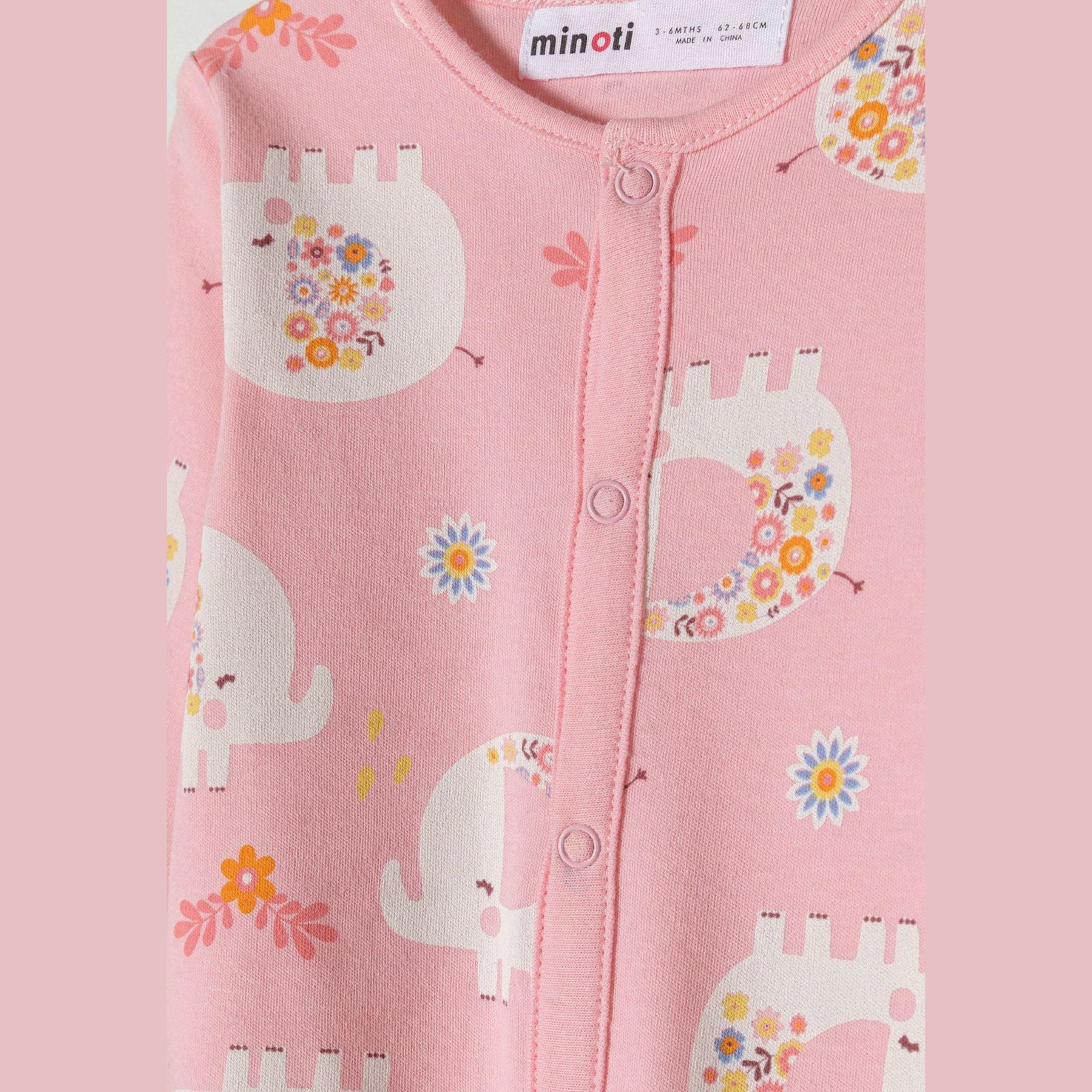 Light blue elephant print sleepsuit laid flat displaying pattern and construction details