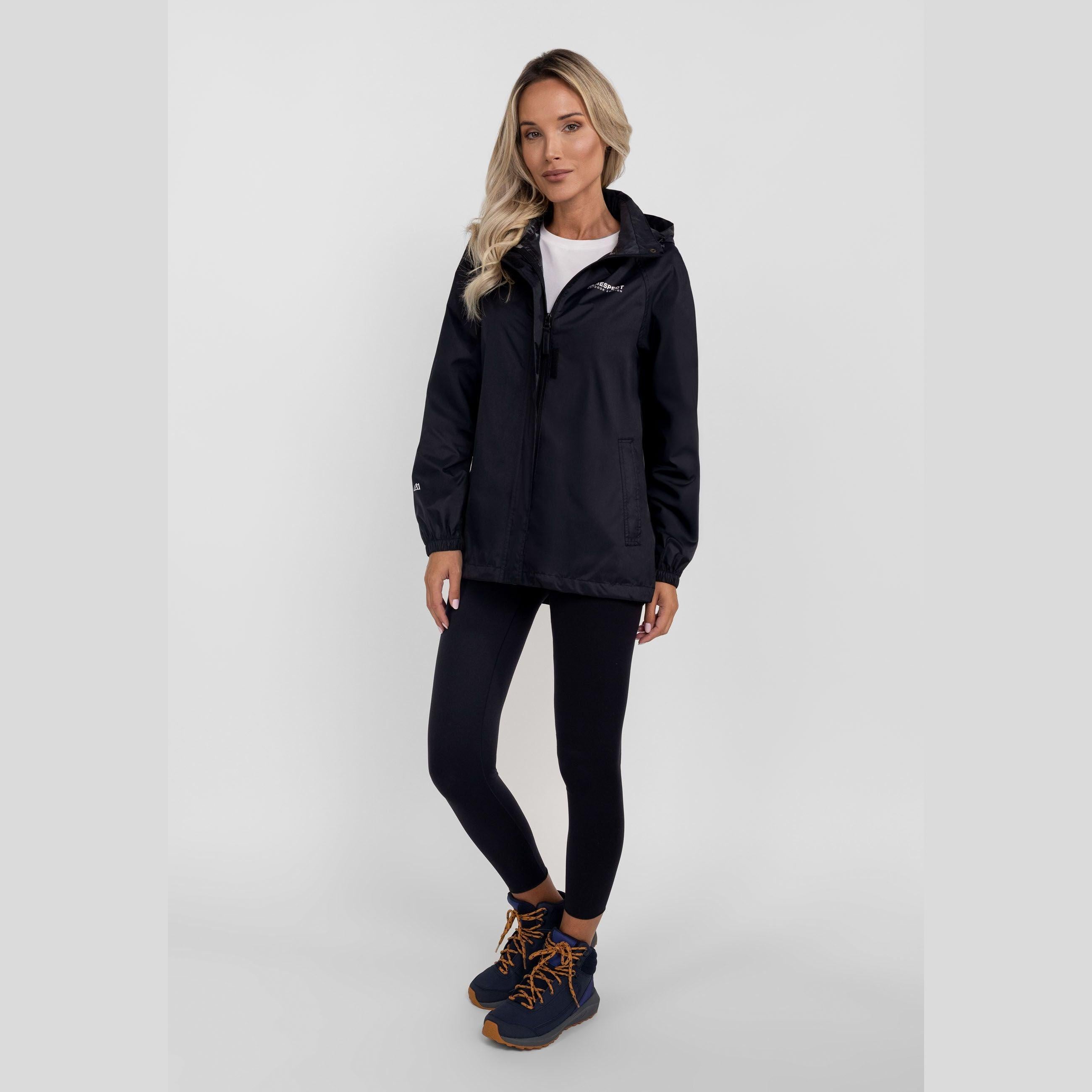 Close-up interior view of black waterproof jacket showing internal pockets and construction details