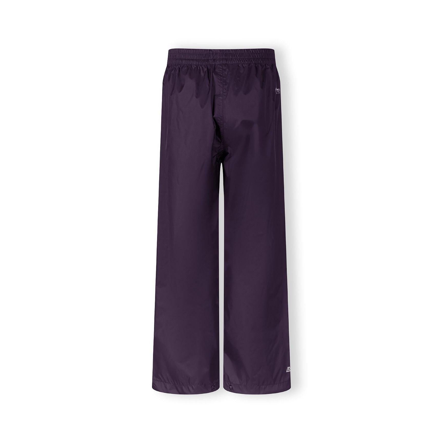 Purple waterproof overpants laid flat showing elasticated waistband and full-length design, product shot against white background