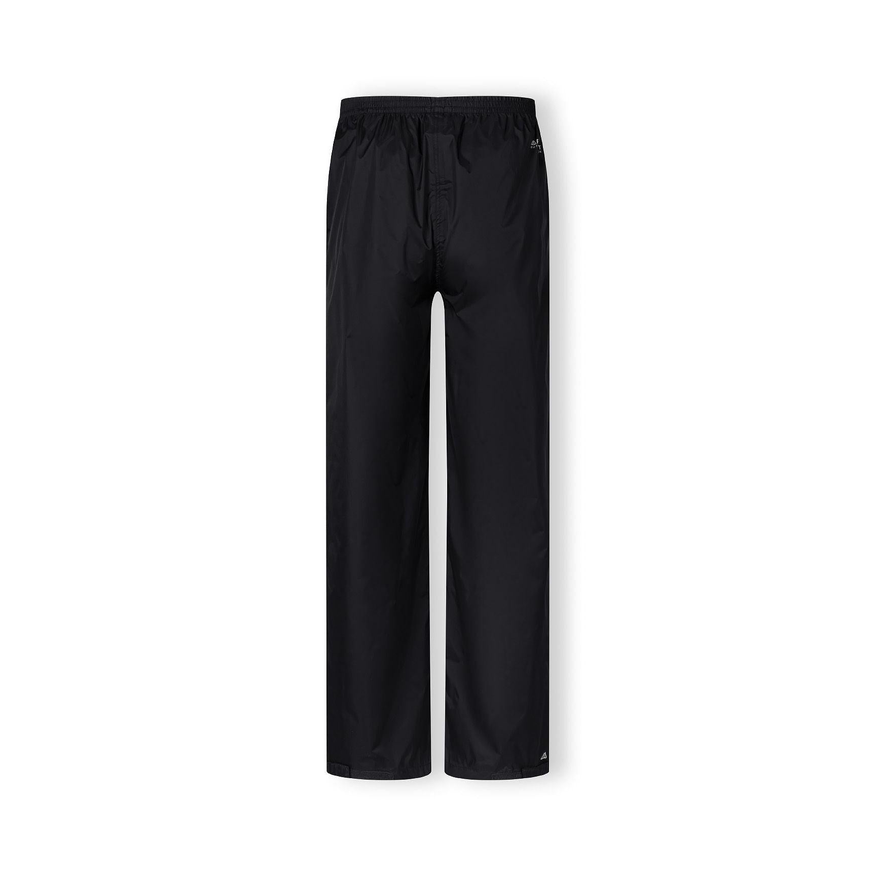 Black waterproof overpants laid flat on white background showing full length with elastic waistband and straight leg design