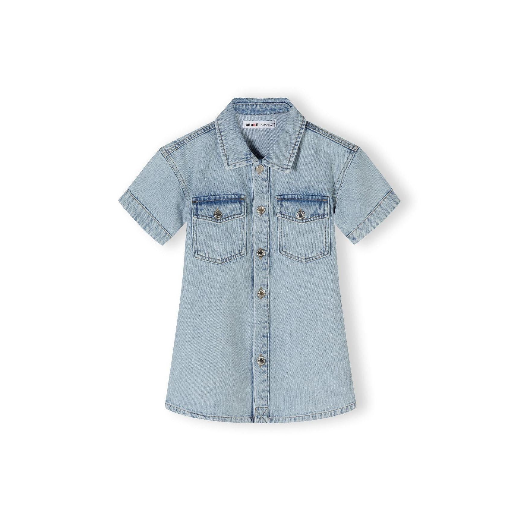 Back view of light blue denim dress showing short sleeves and straight cut silhouette on white background