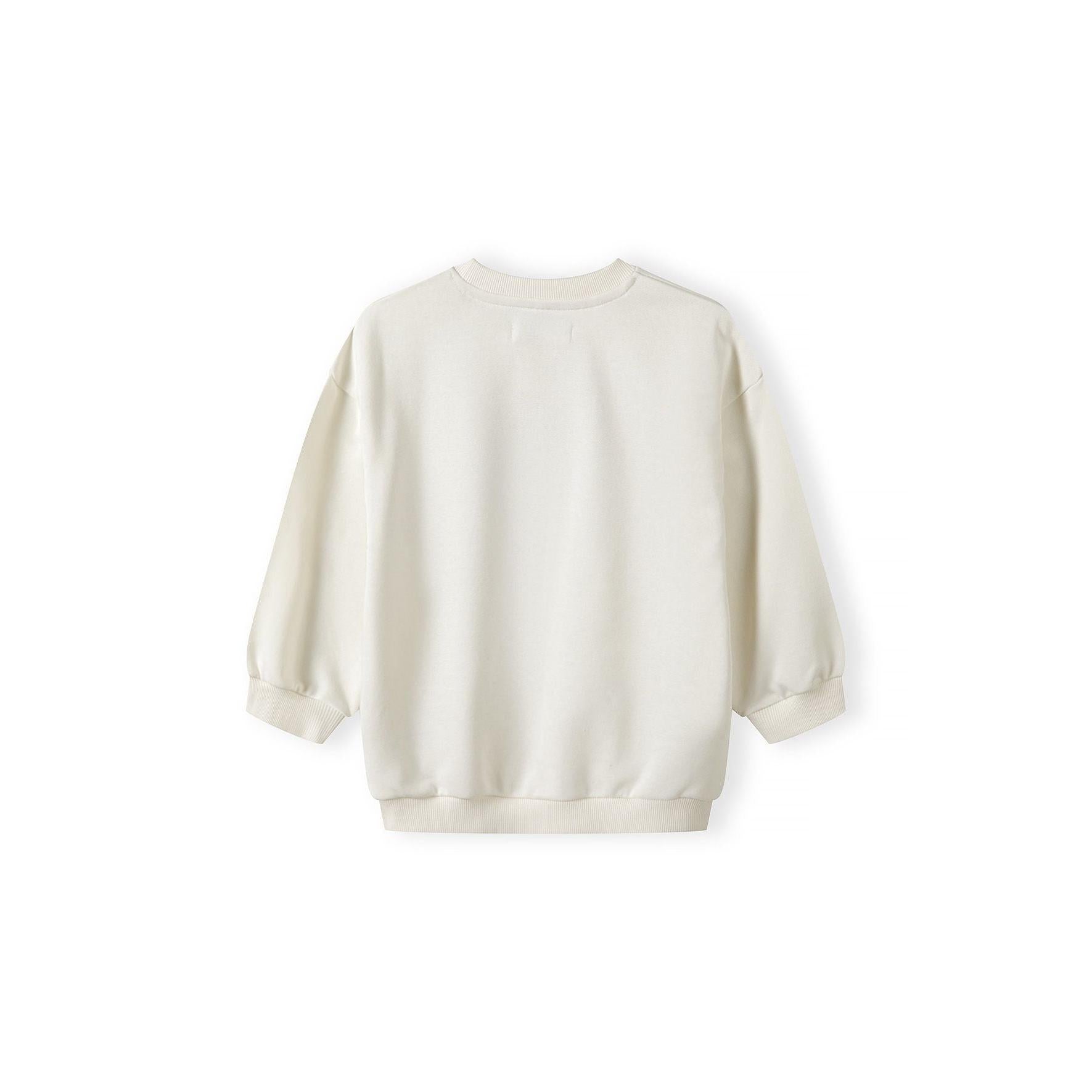 Back view of cream fleece sweatshirt showing plain design without prints, flat lay on white background