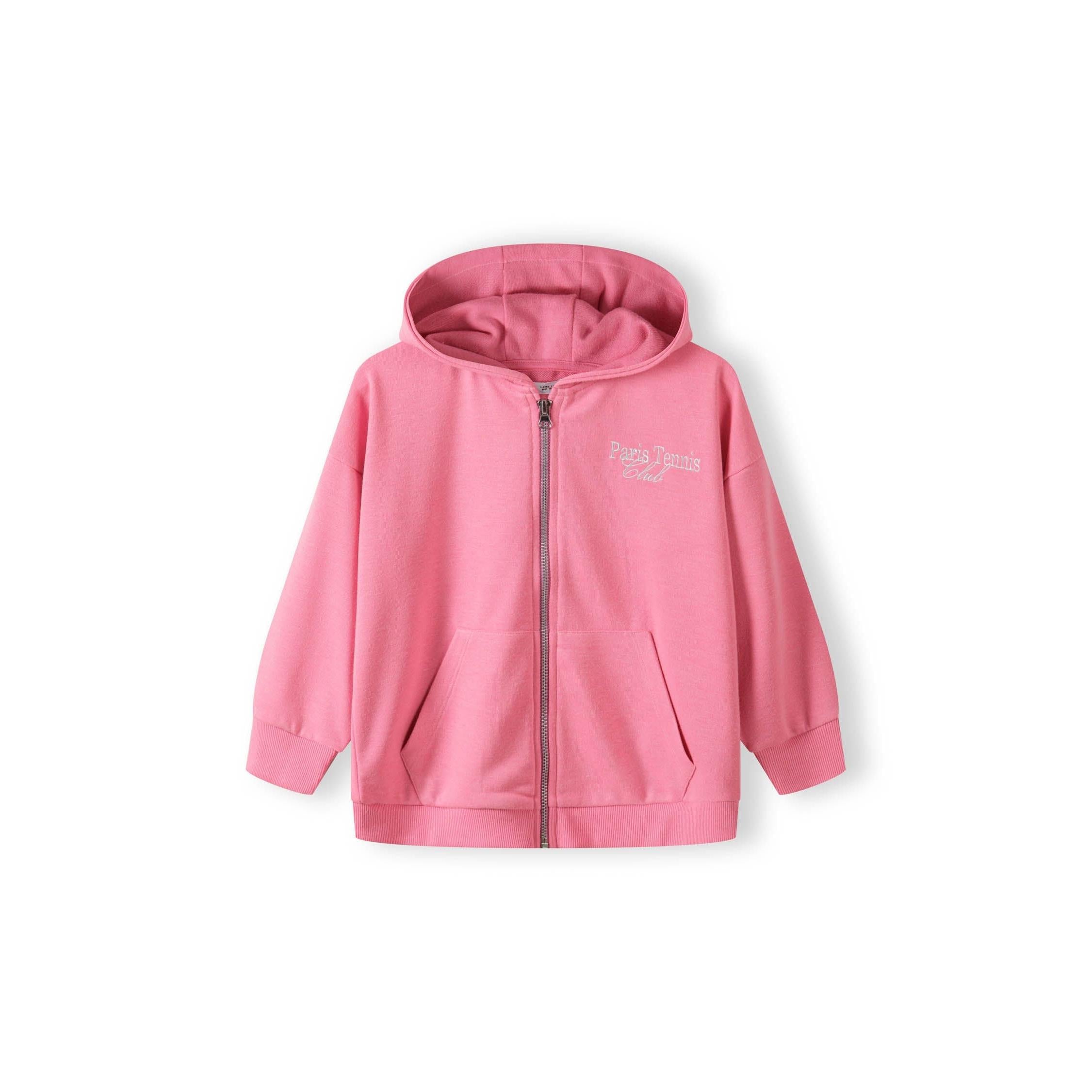 Back view of pink oversized zip hoodie showing hood detail and relaxed fit on white background