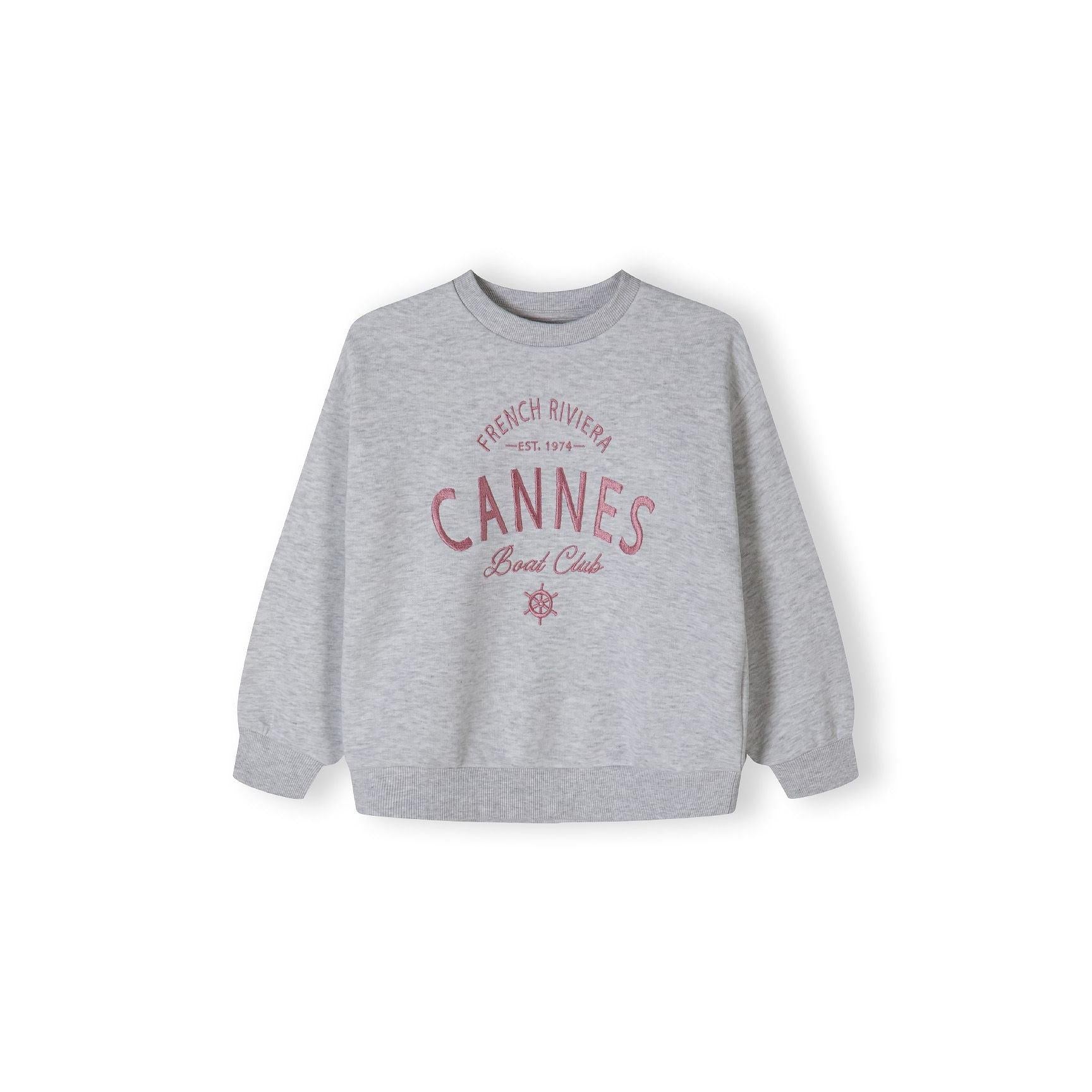 Back view of grey fleece sweatshirt showing plain design with ribbed crew neck, cuffs and hem on white background