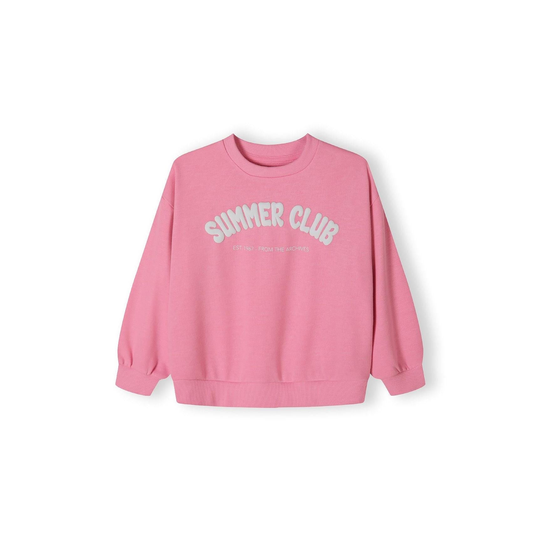 Back view of pink fleece sweatshirt showing plain design with ribbed collar and cuffs on white background