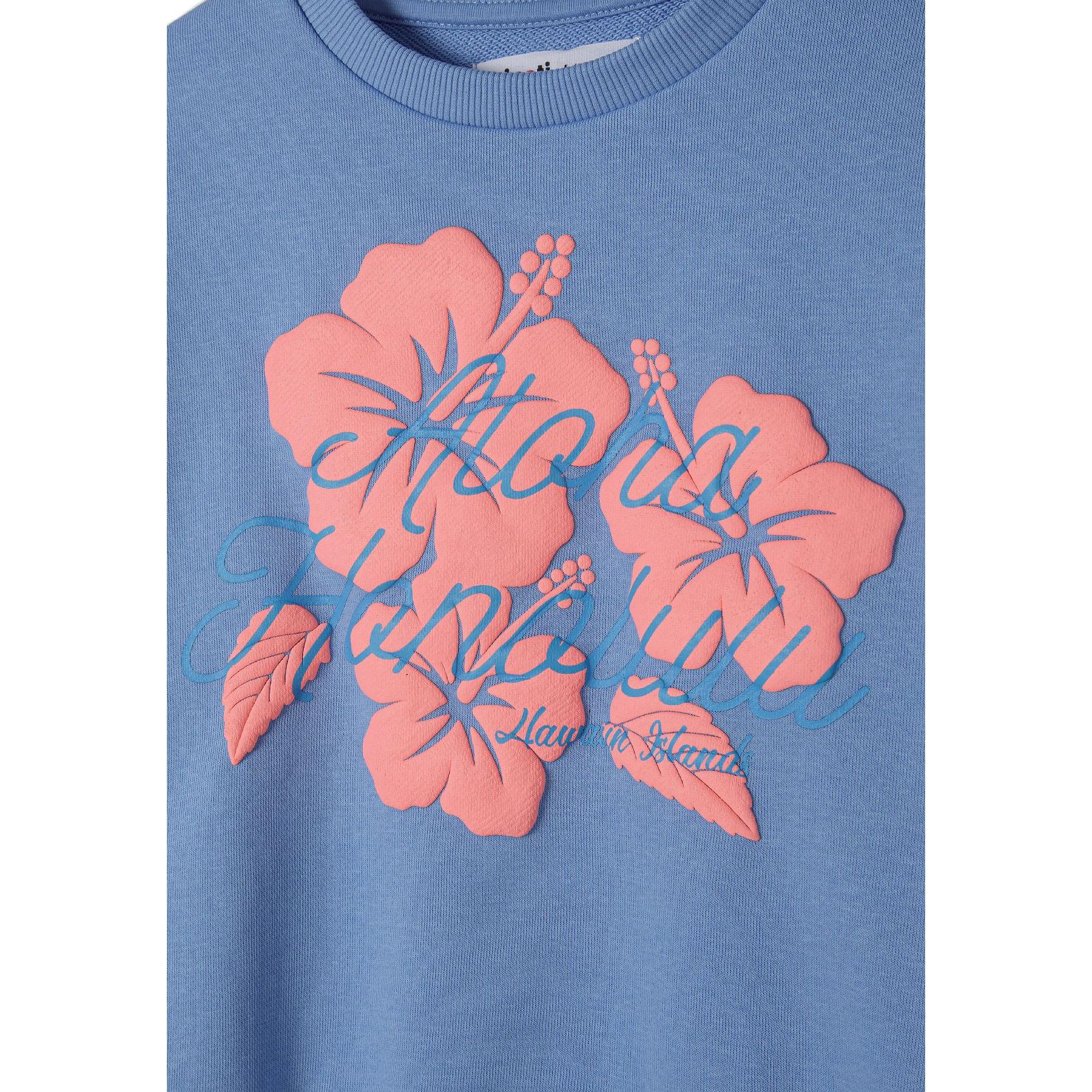 Close-up detail of coral pink hibiscus flower print with Aloha text on blue fleece sweatshirt fabric