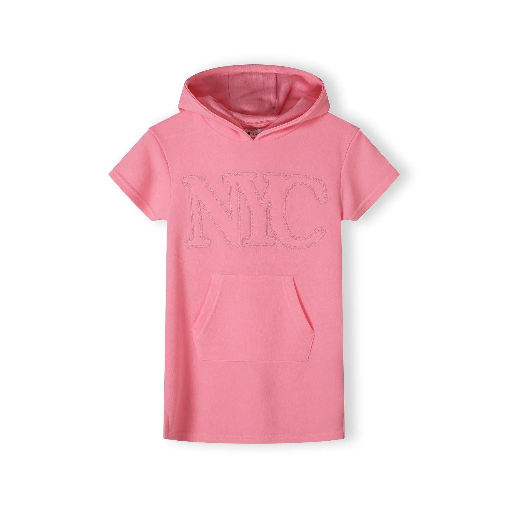 Back view of pink cotton fleece hooded dress showing hood detail and relaxed fit on white background