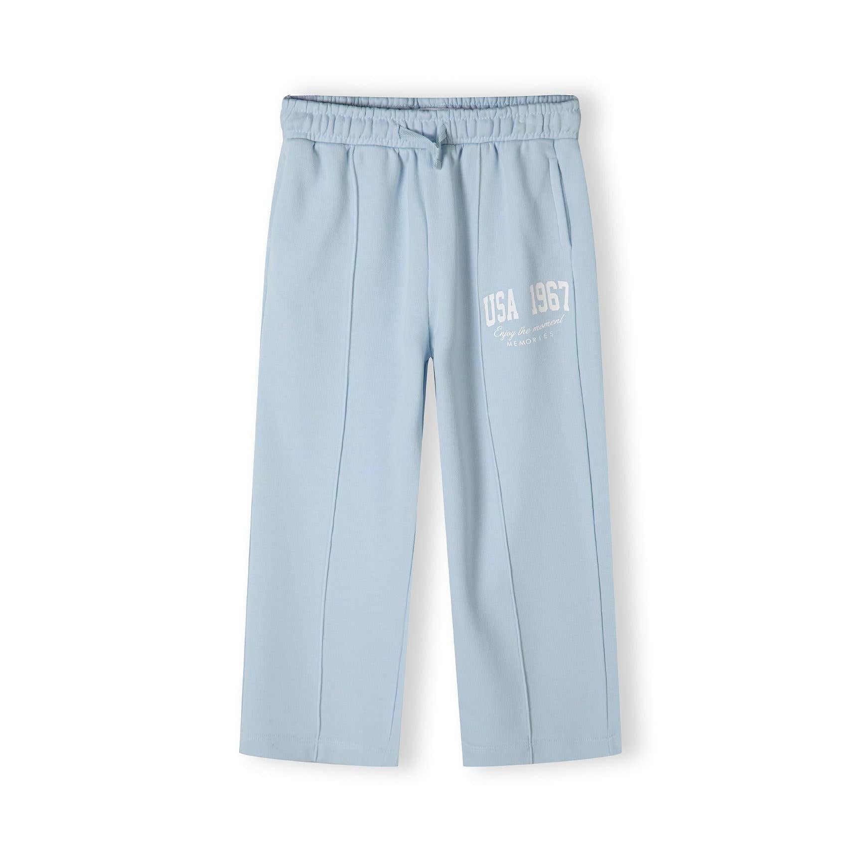 Close-up detail of light blue wide leg joggers showing elastic waistband with drawstring and white USA 1967 text print