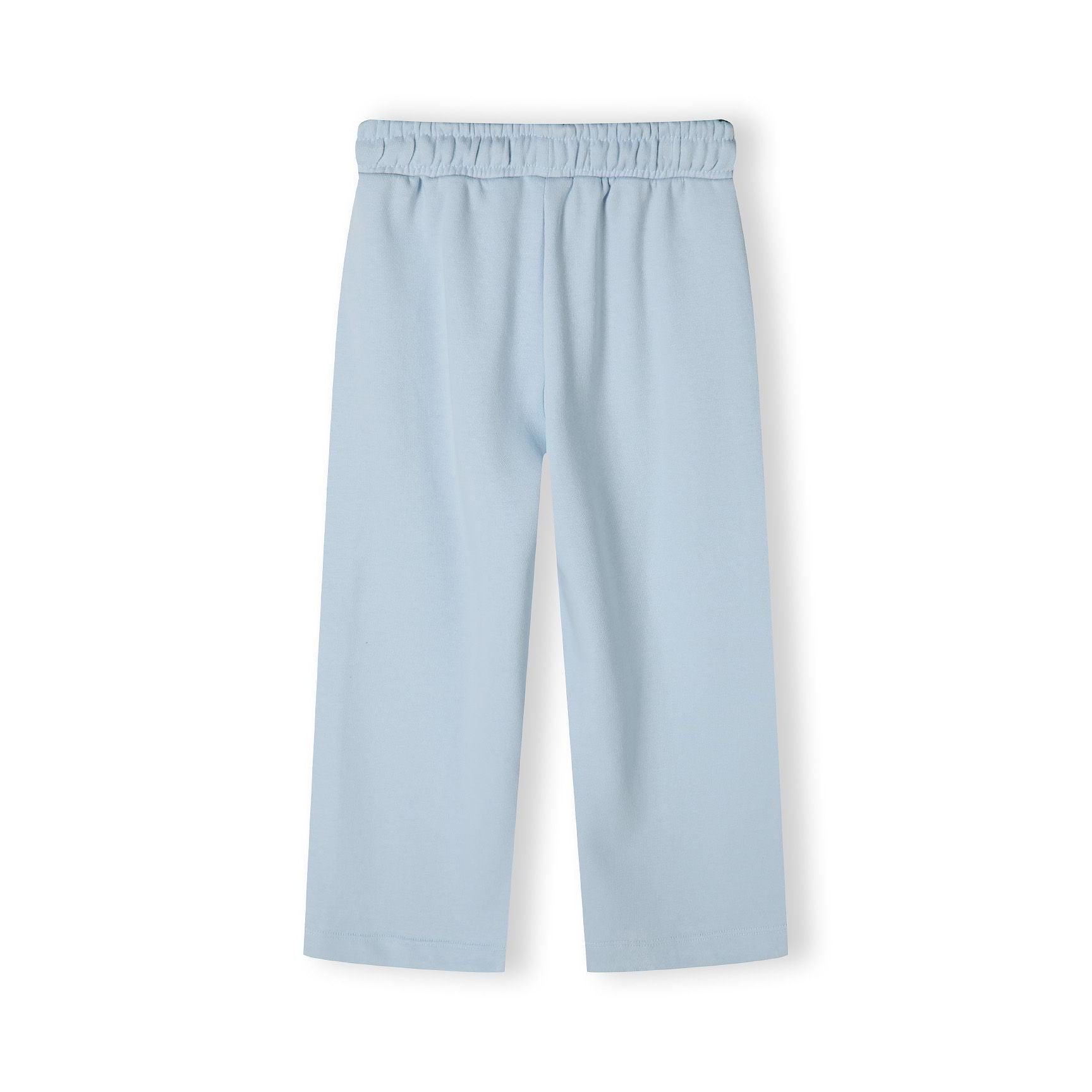 Close-up detail of light blue wide leg joggers showing elastic waistband with drawstring and white USA 1967 text print