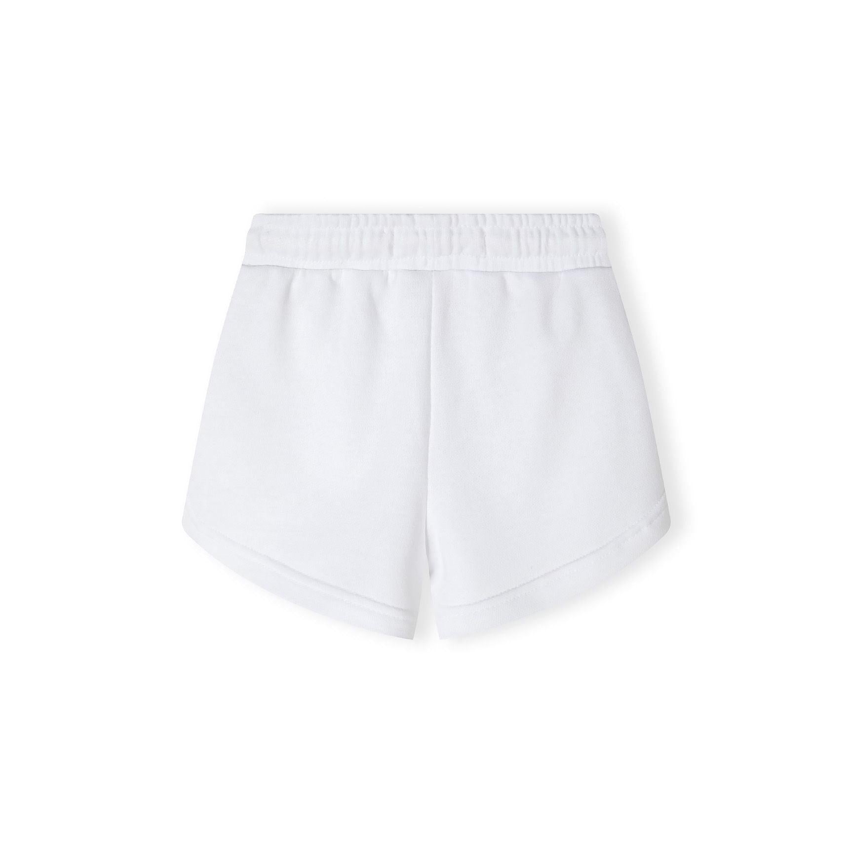 Close-up detail of white shorts showing pink circular L.A. logo with 'SMILE' text around the border