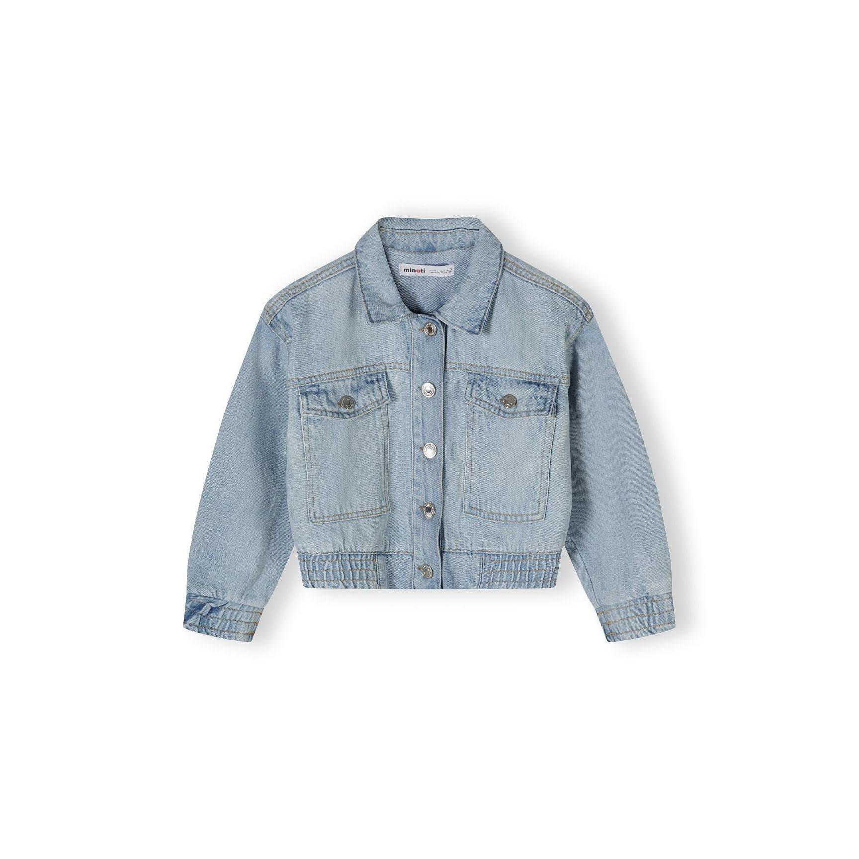 Light blue denim bomber jacket laid flat showing back view with elasticated hem and cuff details against white background