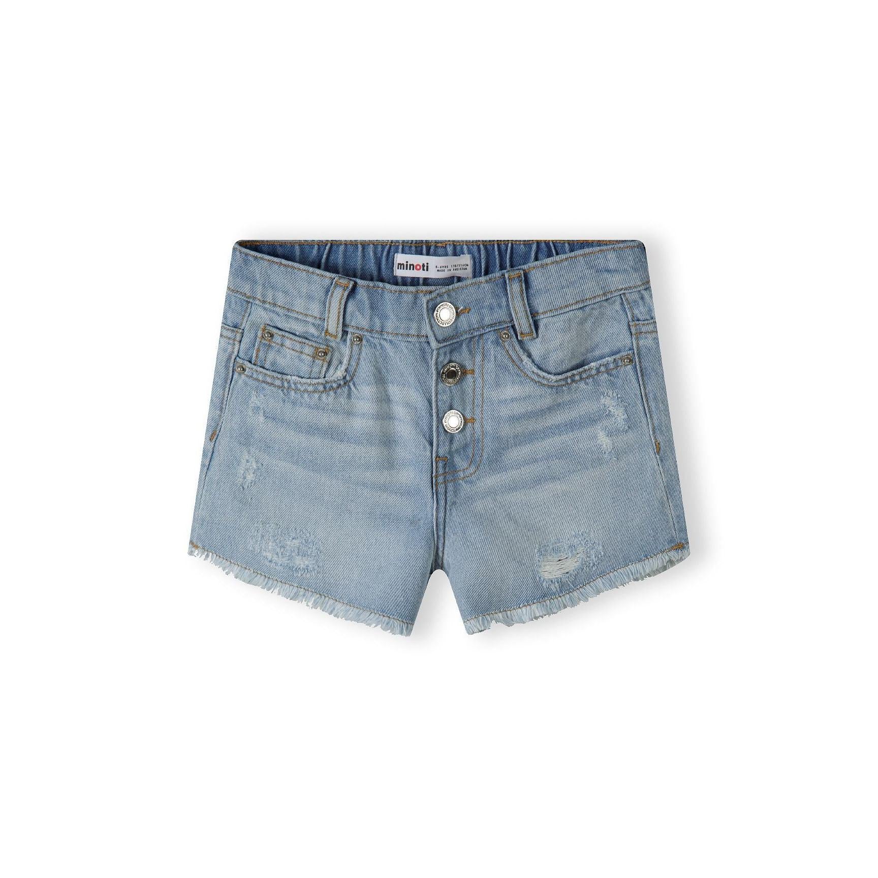 Back view of light blue denim shorts showing frayed hem detail, elastic waistband and back pockets on white background