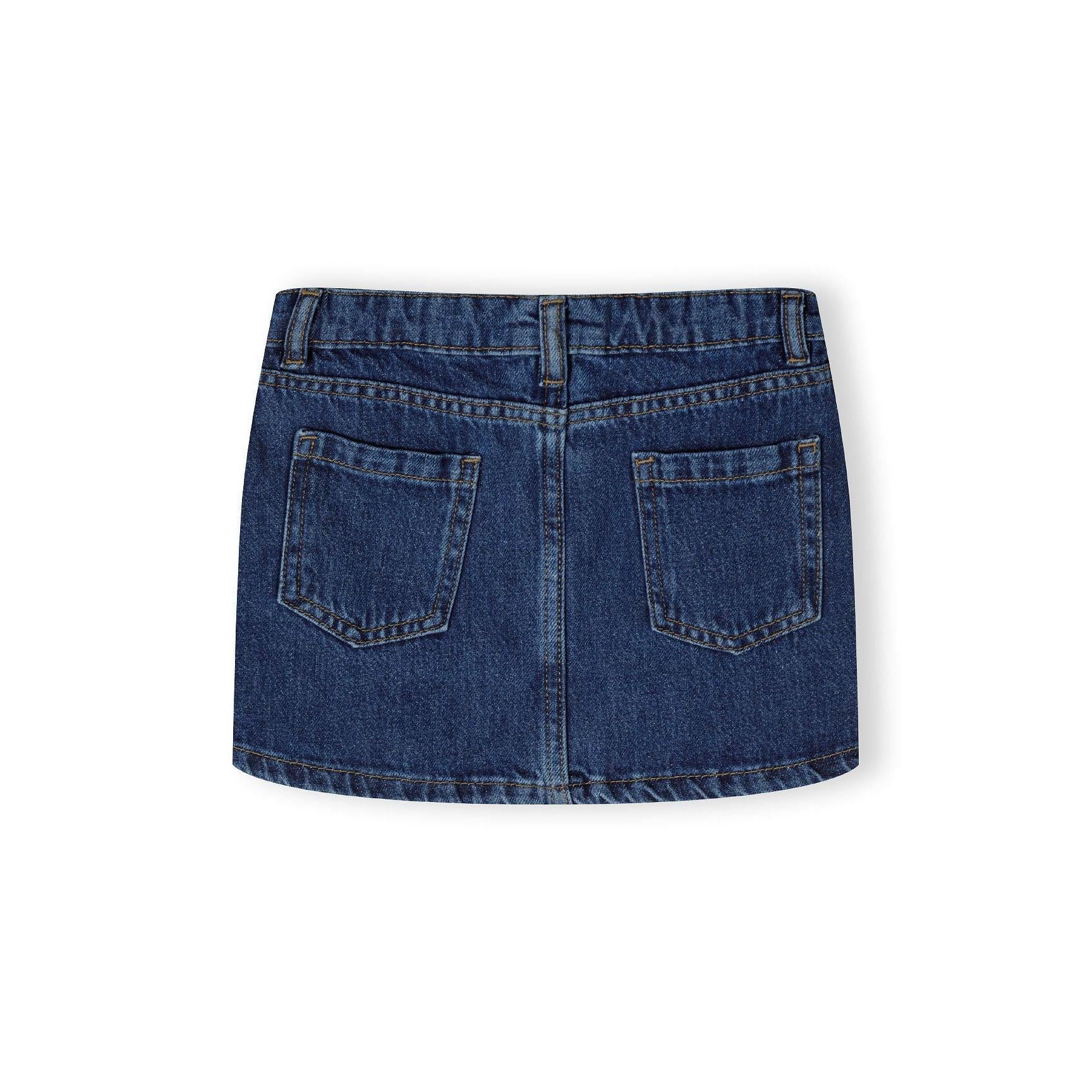 Back view of navy denim skirt showing two back pockets and belt loops on white background