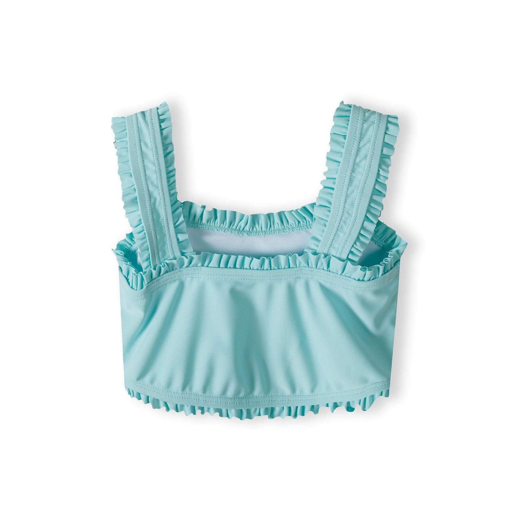 Close-up view of mint bikini top showing detailed ruffle construction on straps and neckline against white background