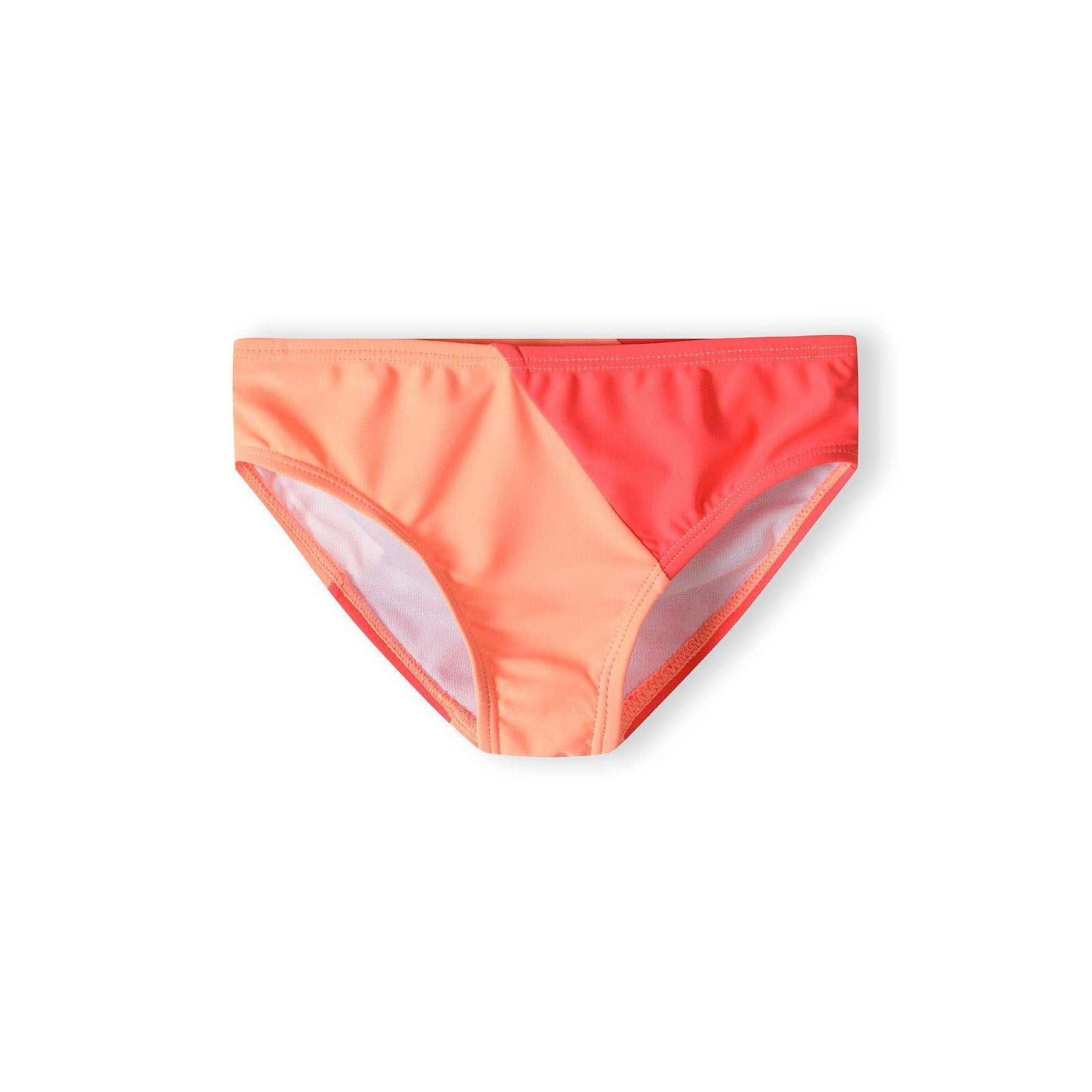 Bikini briefs in apricot and coral colour-block design showing classic cut and colour placement on white background