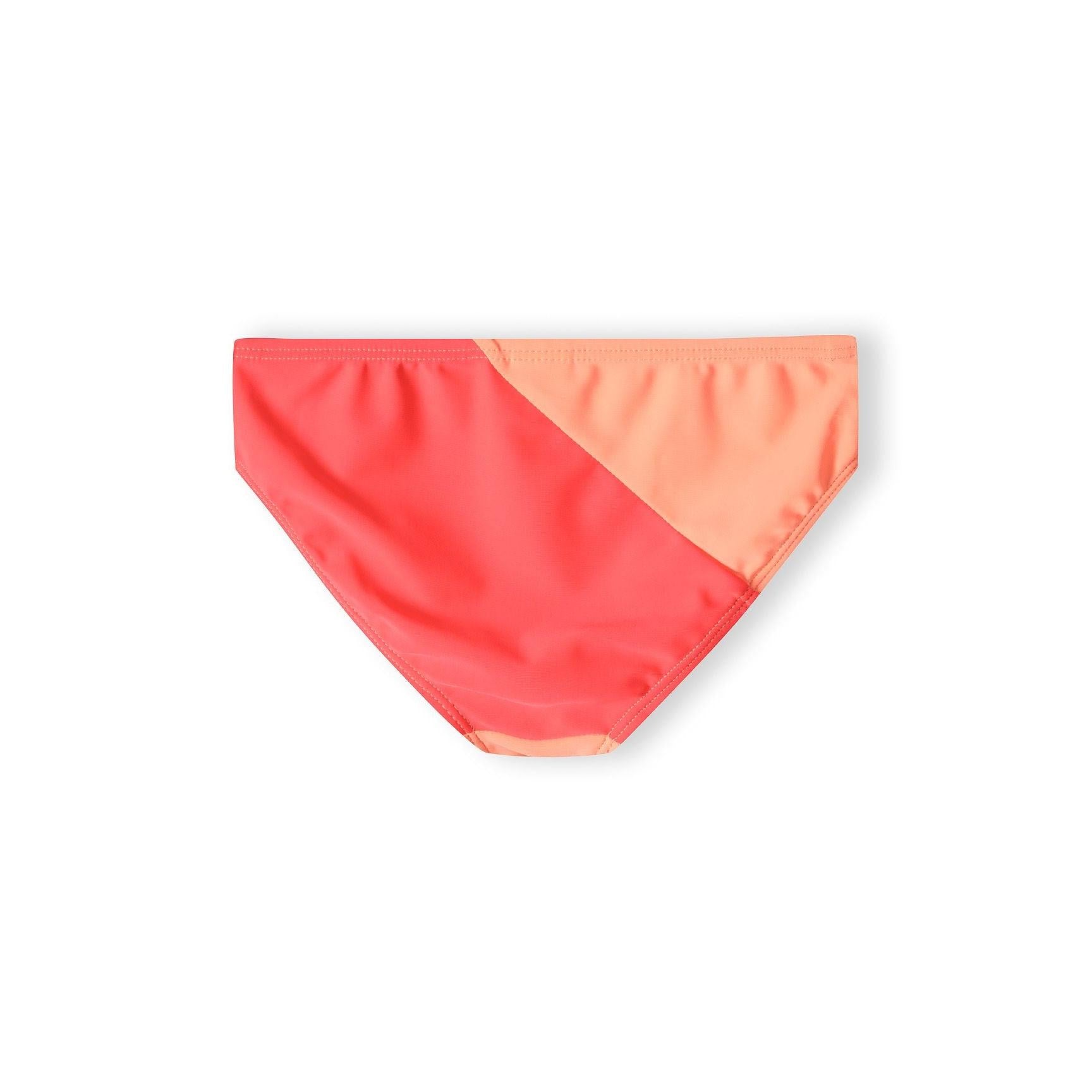 Bikini briefs in apricot and coral colour-block design showing classic cut and colour placement on white background