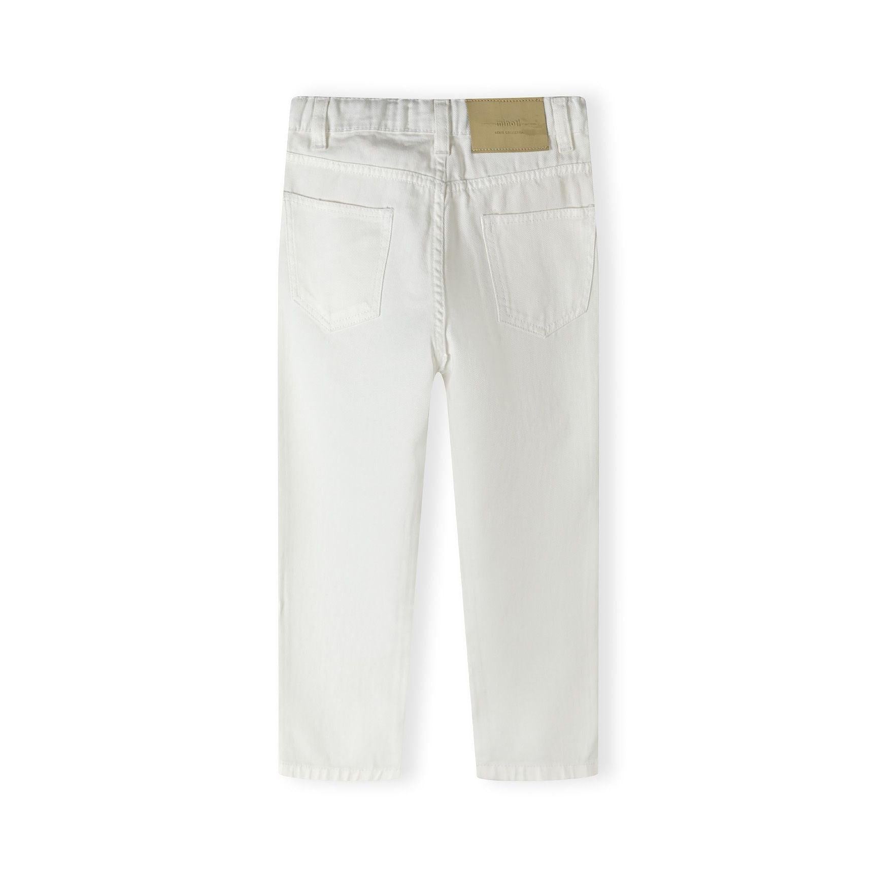 Back view of white twill trousers showing five-pocket design and beige leather label patch