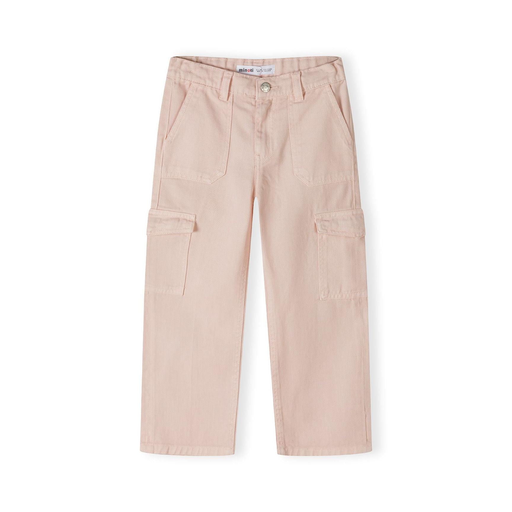 Back view of pink wide leg cargo trousers showing elastic waistband and back pockets on white background