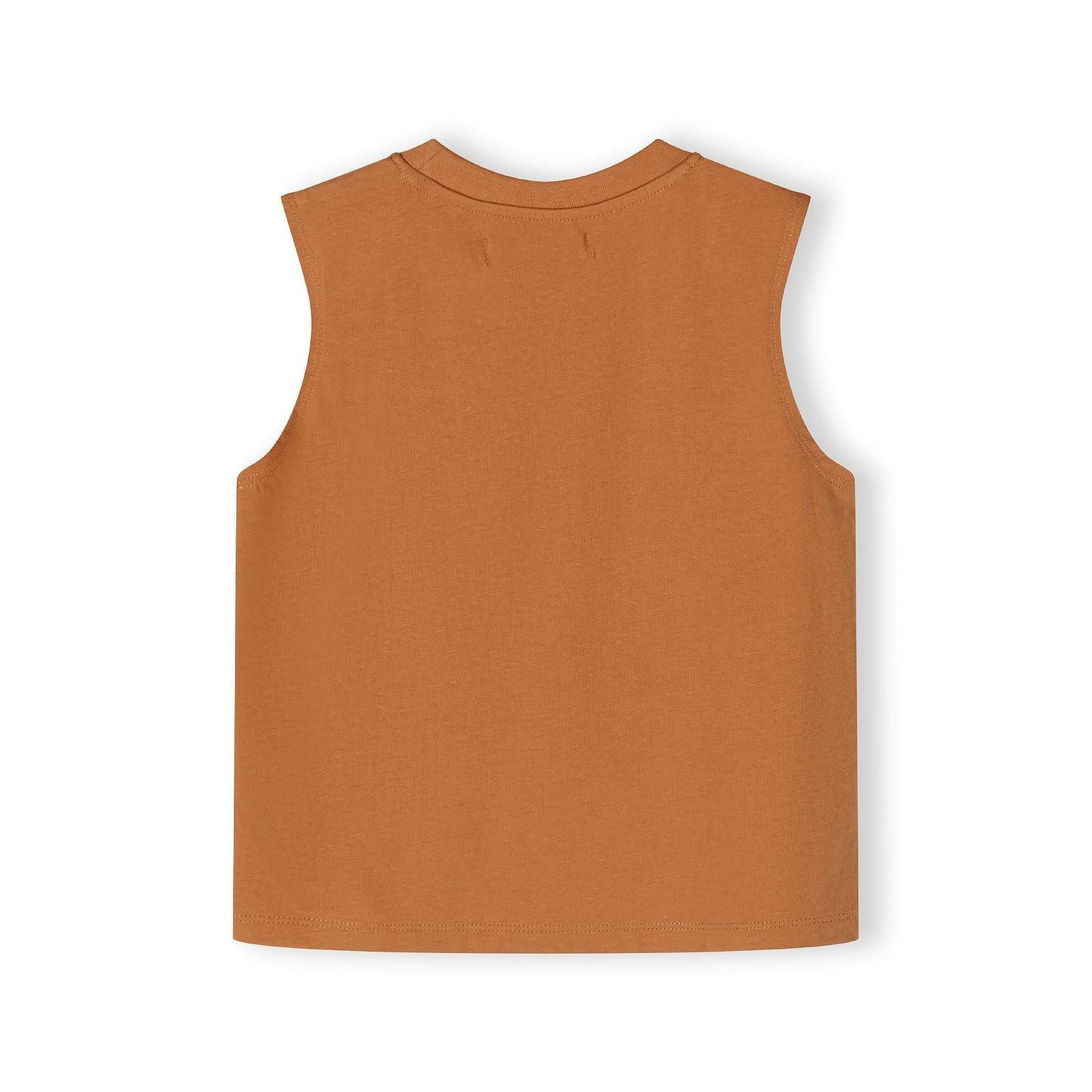 Back view of camel brown sleeveless vest showing plain design and round neckline against white background