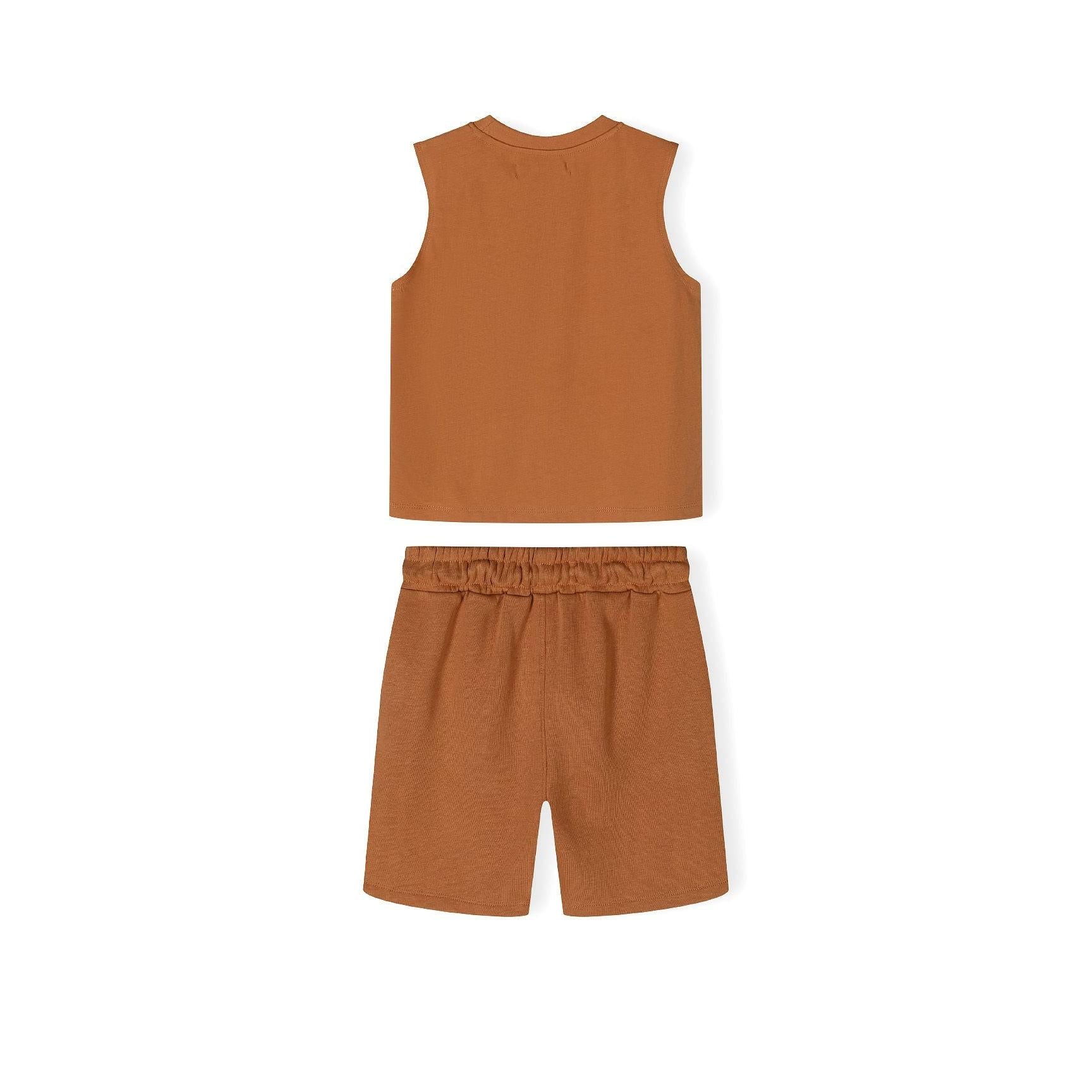 Close-up detail of camel brown shorts showing elasticated waistband with drawstring ties and soft jersey texture