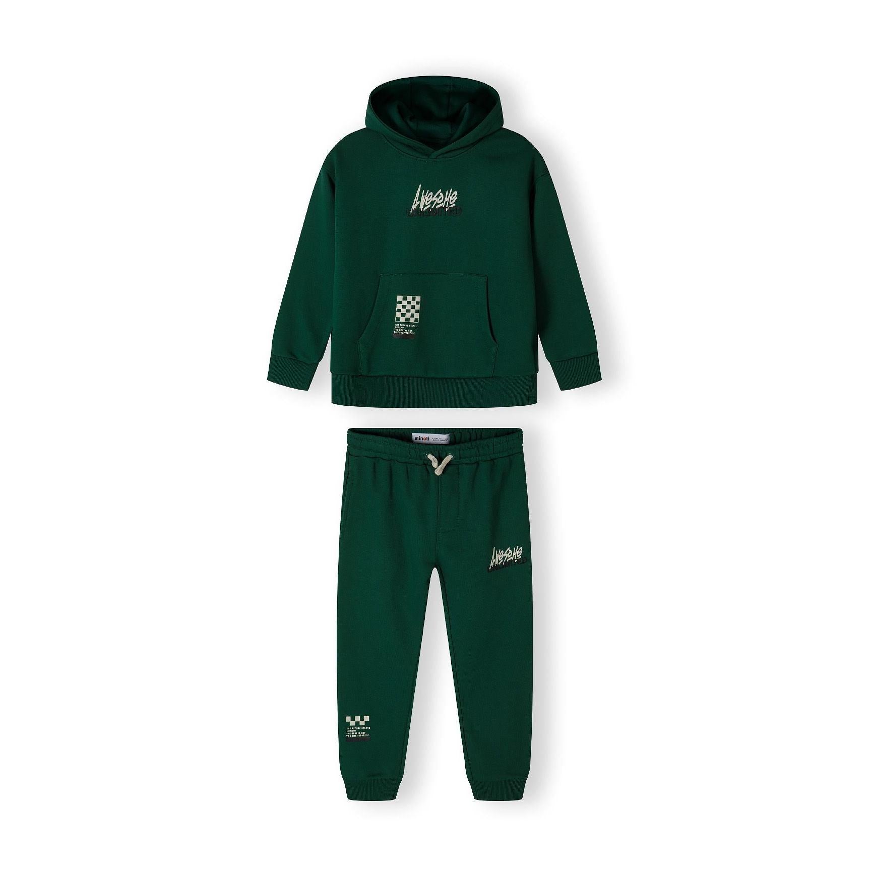 Back view of green fleece hoodie showing hood detail and overall fit on white background