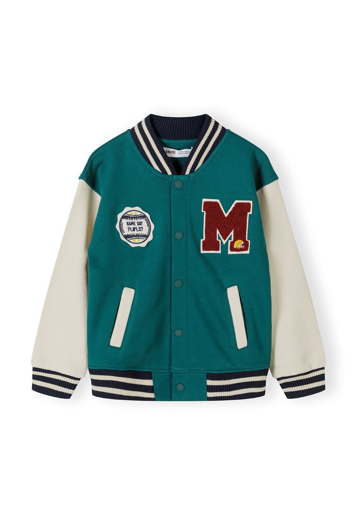 Back view of green fleece baseball jacket with cream sleeves and navy striped ribbing on white background