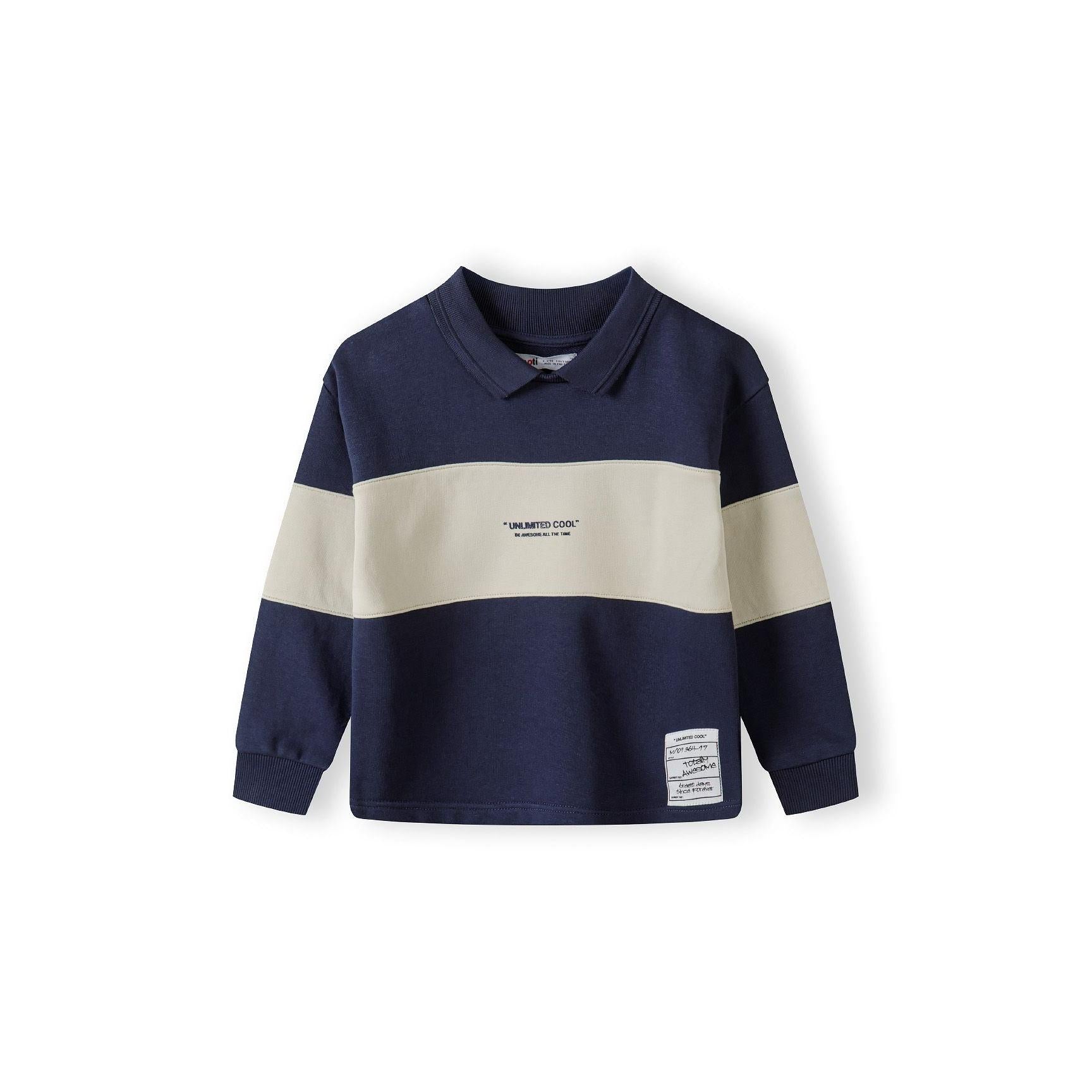 Navy fleece jumper laid flat showing back view with cream sleeve panels on white background