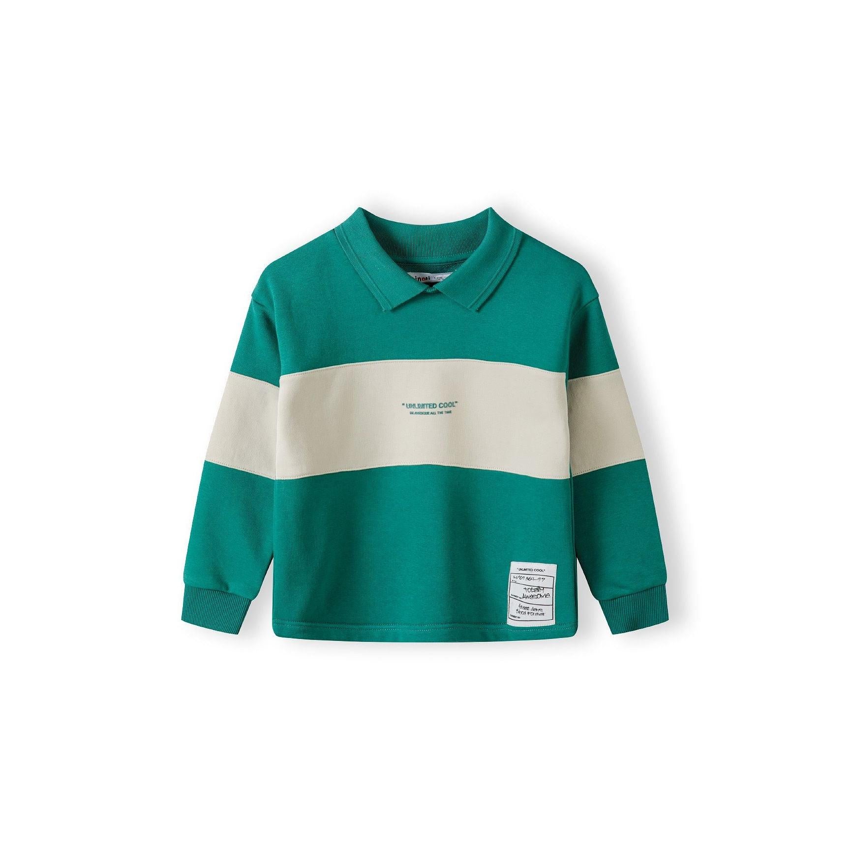 Back view of green fleece polo jumper showing contrast cream panel across sleeves and ribbed collar detail on white background