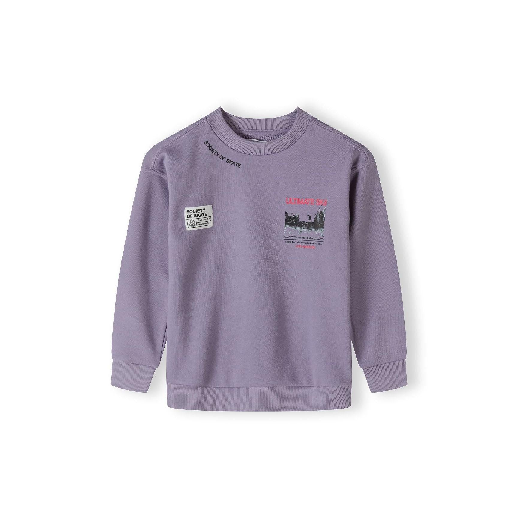 Back view of lilac sweatshirt showing 'Ultimate Skate' graphic with cityscape and skateboard imagery