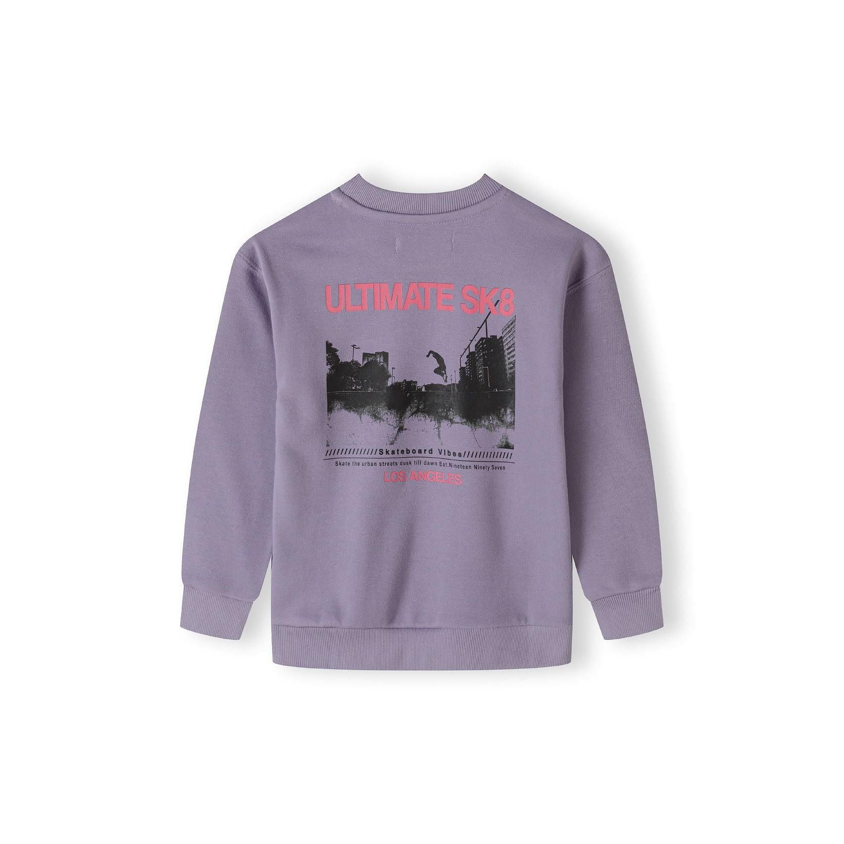 Back view of lilac sweatshirt showing 'Ultimate Skate' graphic with cityscape and skateboard imagery