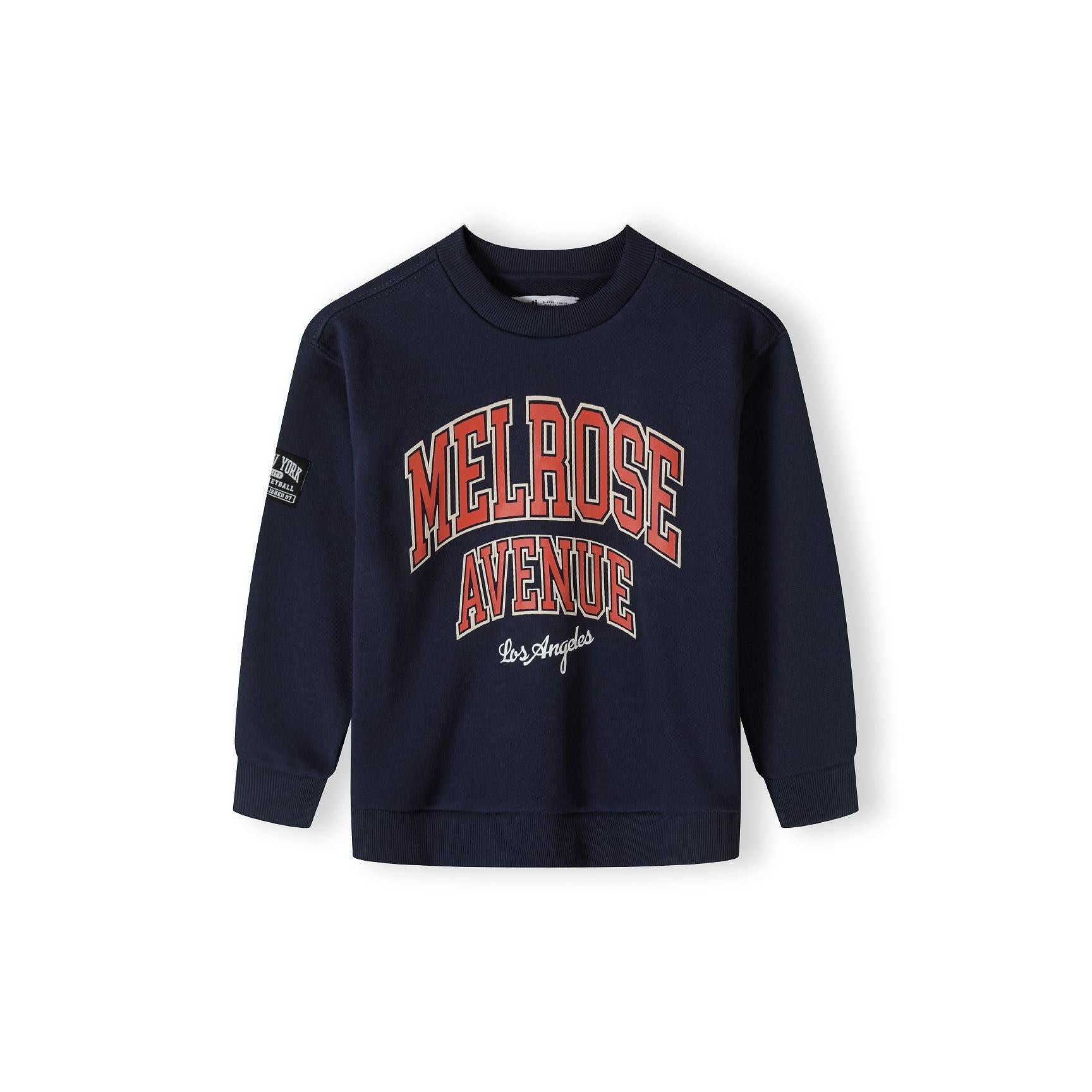 Back view of navy fleece sweatshirt showing plain design with small logo detail on sleeve, flat lay on white background