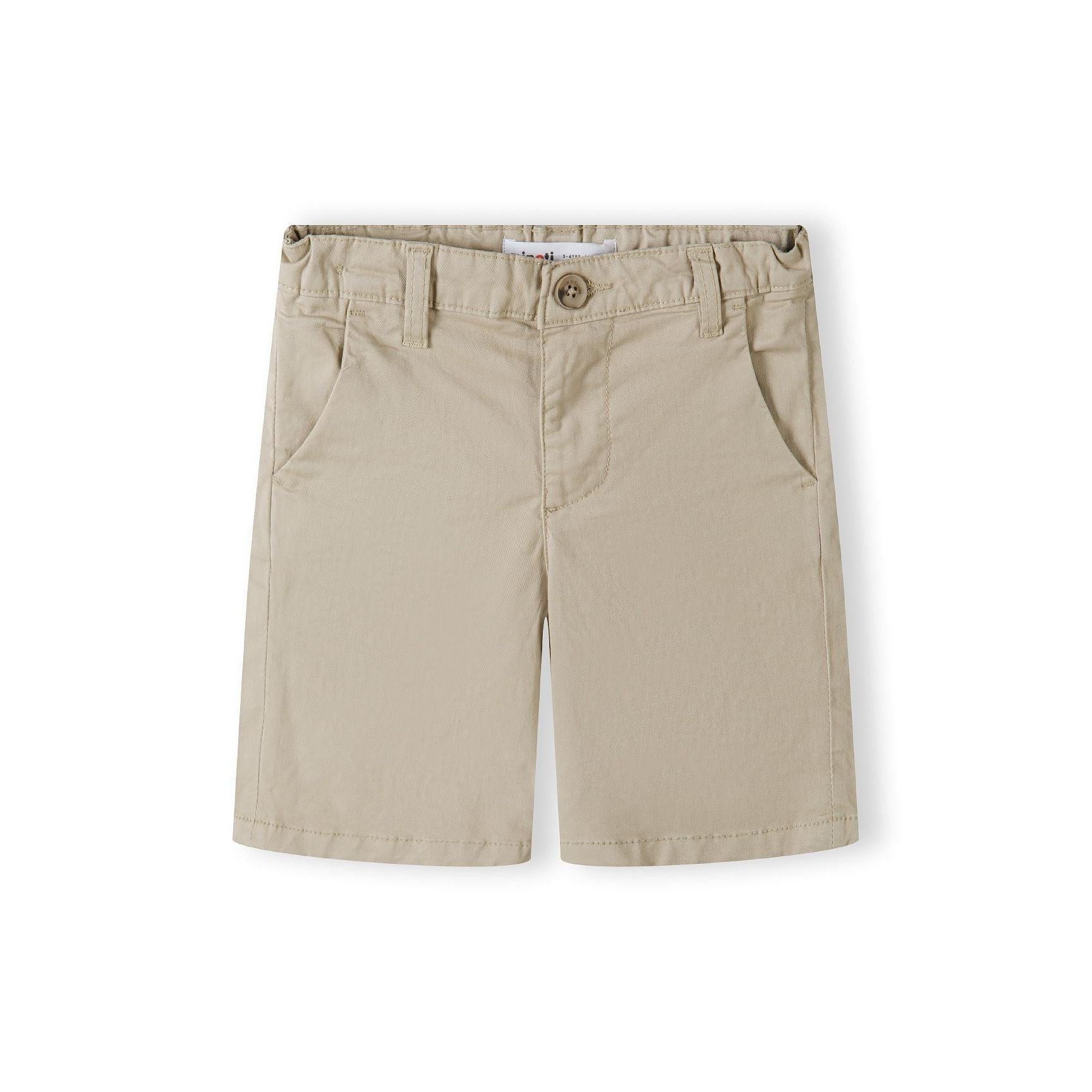 Back view of beige chino shorts showing classic tailored fit, rear pockets and clean hemline on white background