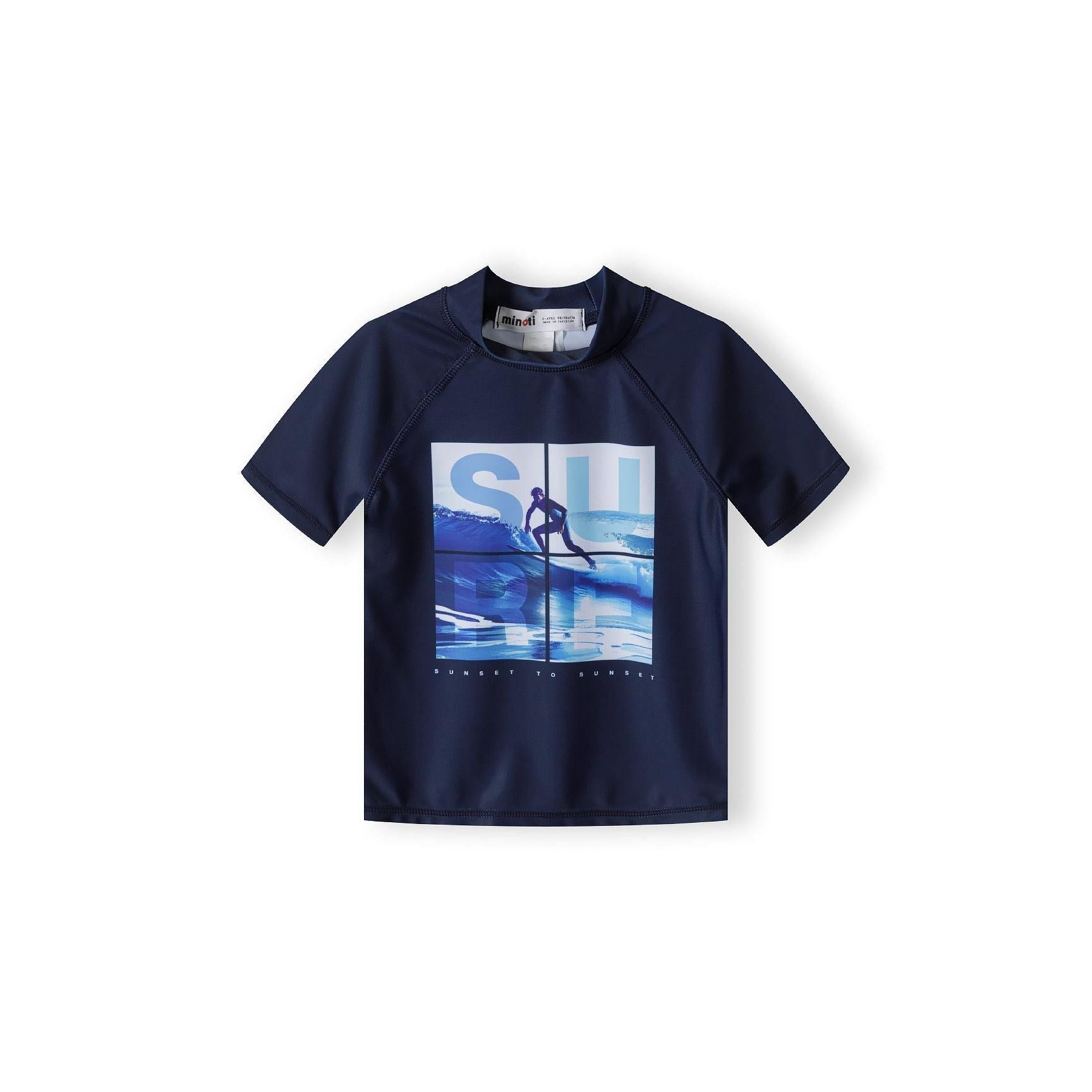 Back view of navy swim top showing plain back design with raglan sleeve construction on white background