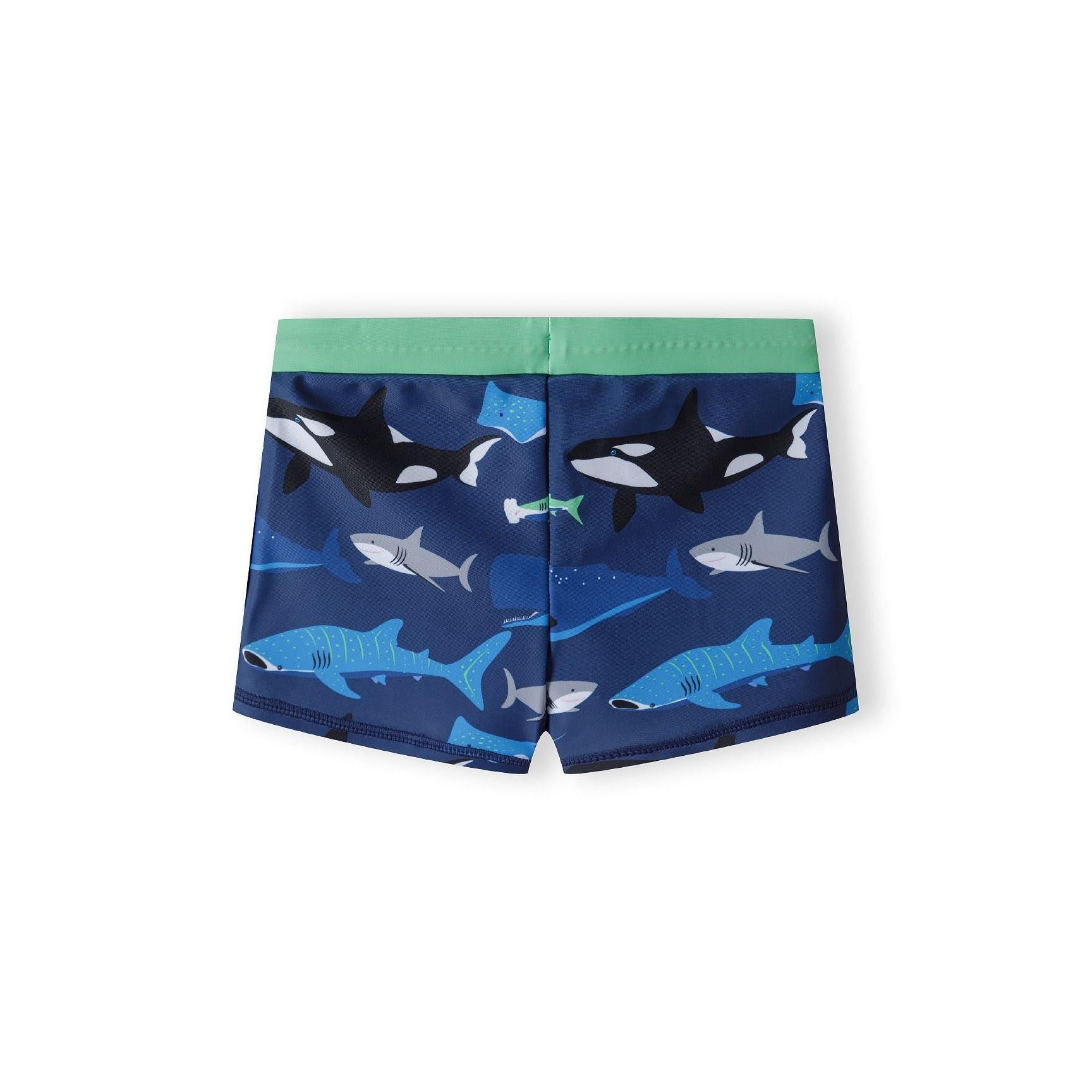 Close-up detail of green waistband with navy drawstring cord and toggle on sea creature printed rash shorts