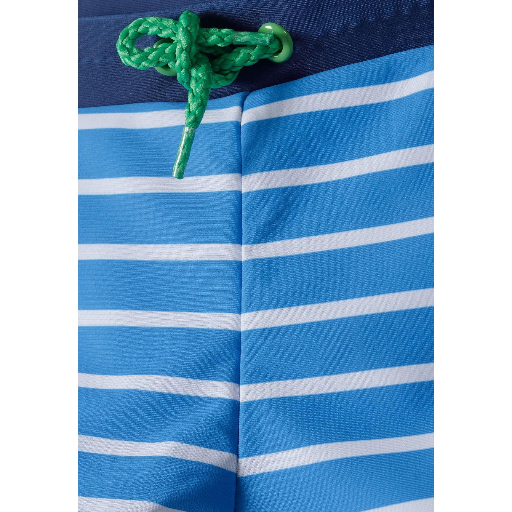 Close-up detail of green waistband with navy drawstring cord and toggle on sea creature printed rash shorts