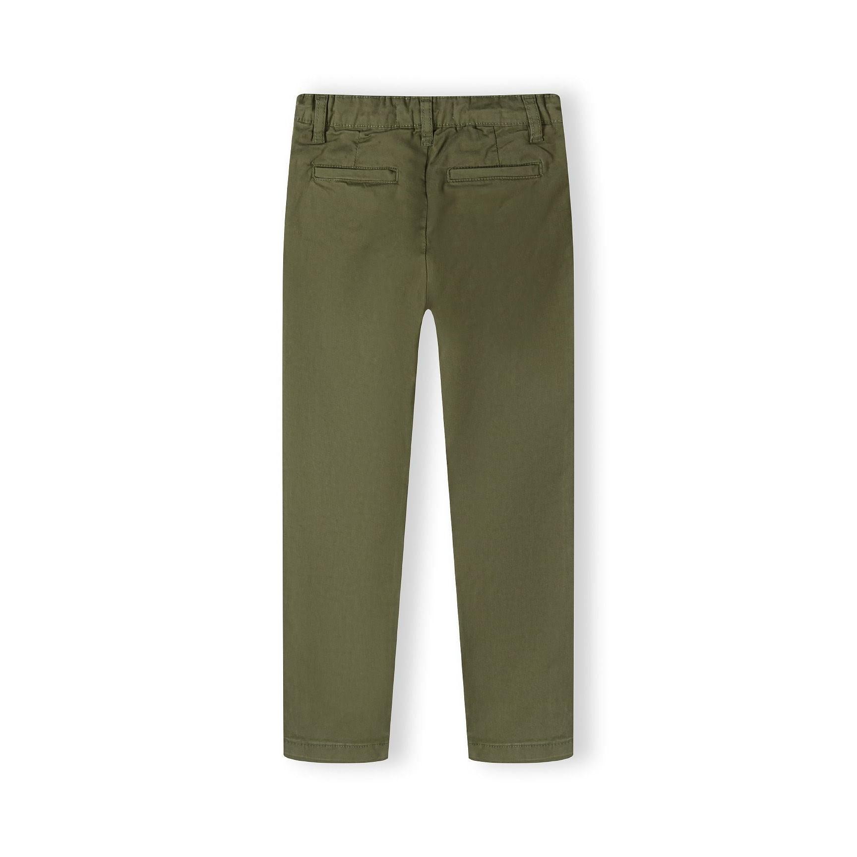 Flat lay view of olive green chino trousers showing full length and back design with elasticated waist