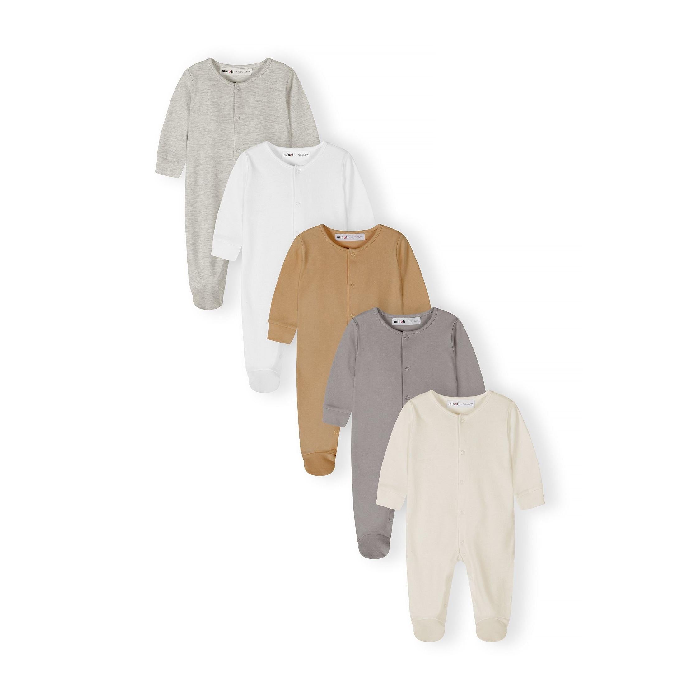 Five baby sleepsuits arranged in a fan layout showing neutral colours - grey marl, white, camel, charcoal and cream with front popper openings and enclosed feet on white background