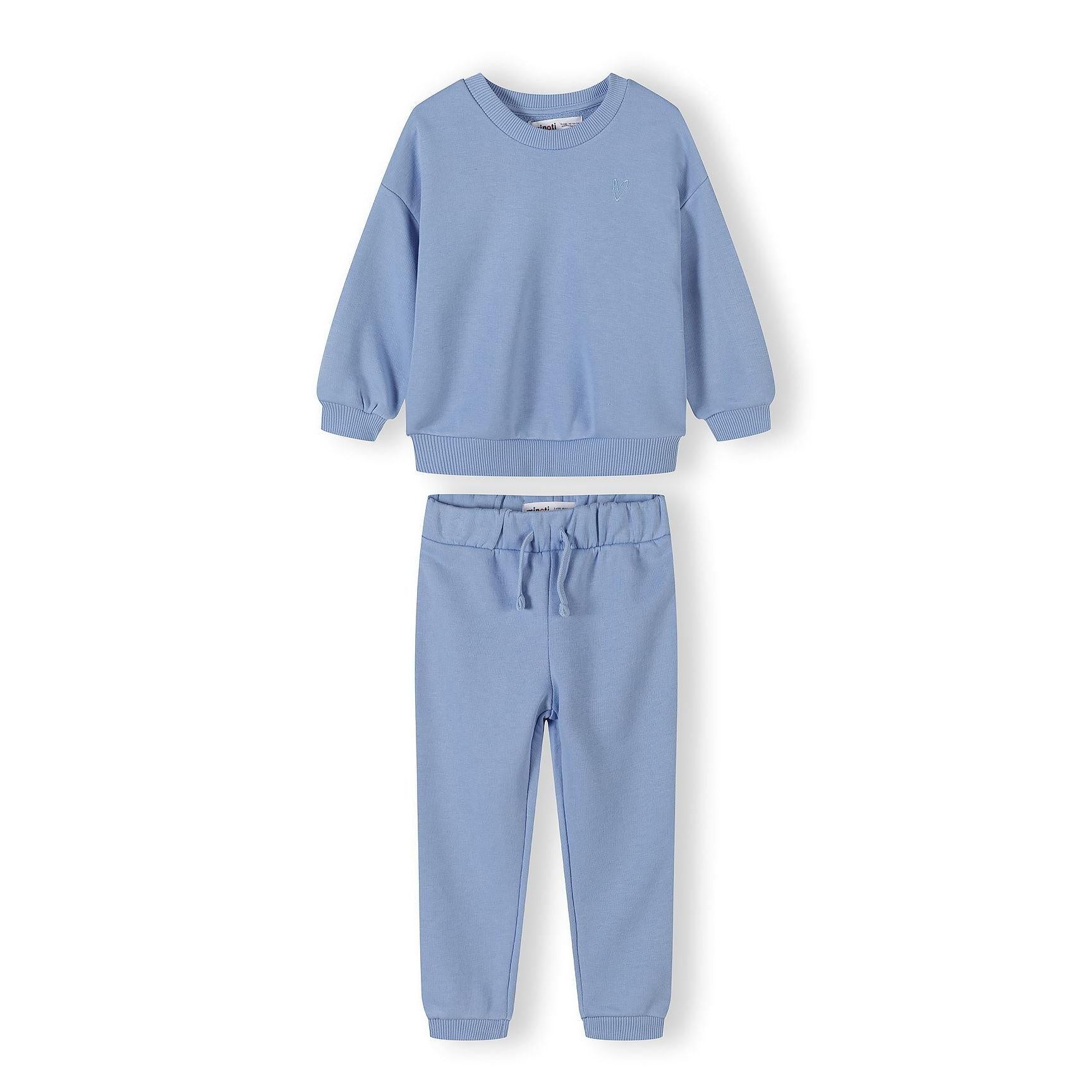 Blue tracksuit set showing crew neck sweatshirt and matching elasticated joggers with drawstring waist on white background