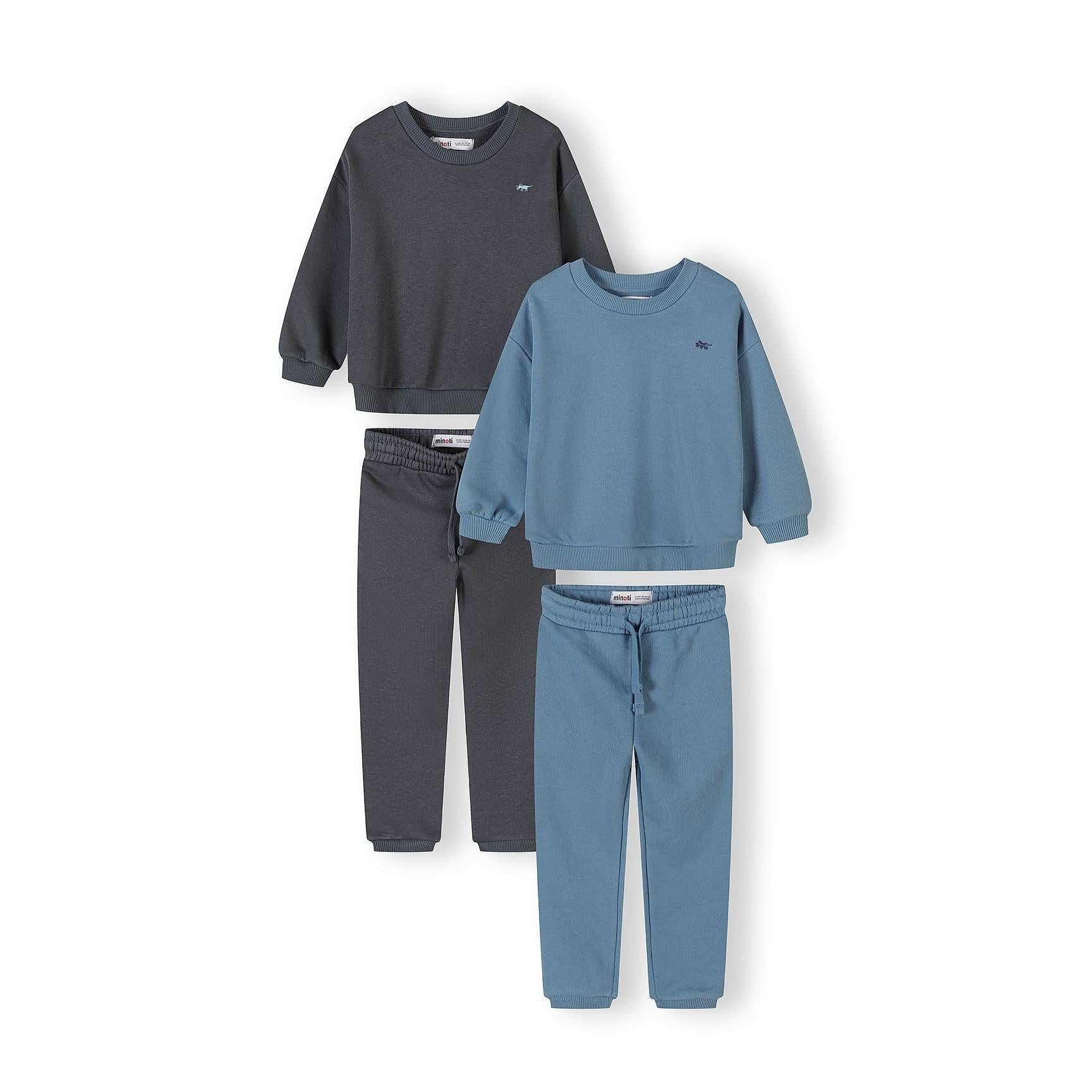 Four piece tracksuit set showing two sweatshirts and joggers in blue and gunmetal colours arranged on white background