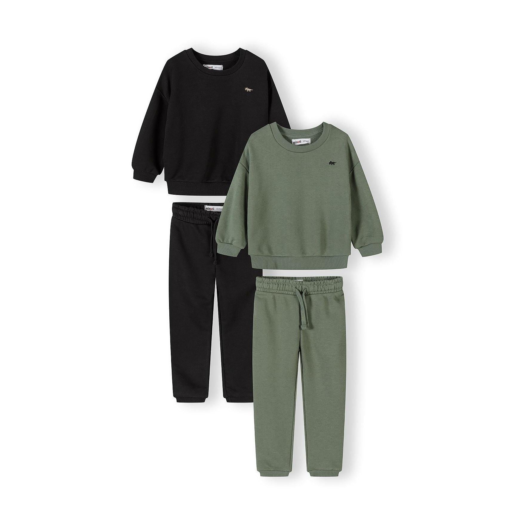 Two-pack tracksuit sets displayed flat showing black and olive green sweatshirts and matching joggers on white background