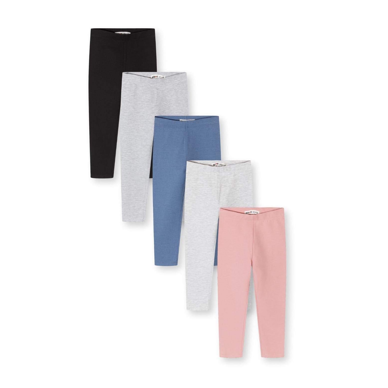 Five jersey leggings arranged in a fan display showing black, grey marl, dusty blue and pink colours on white background